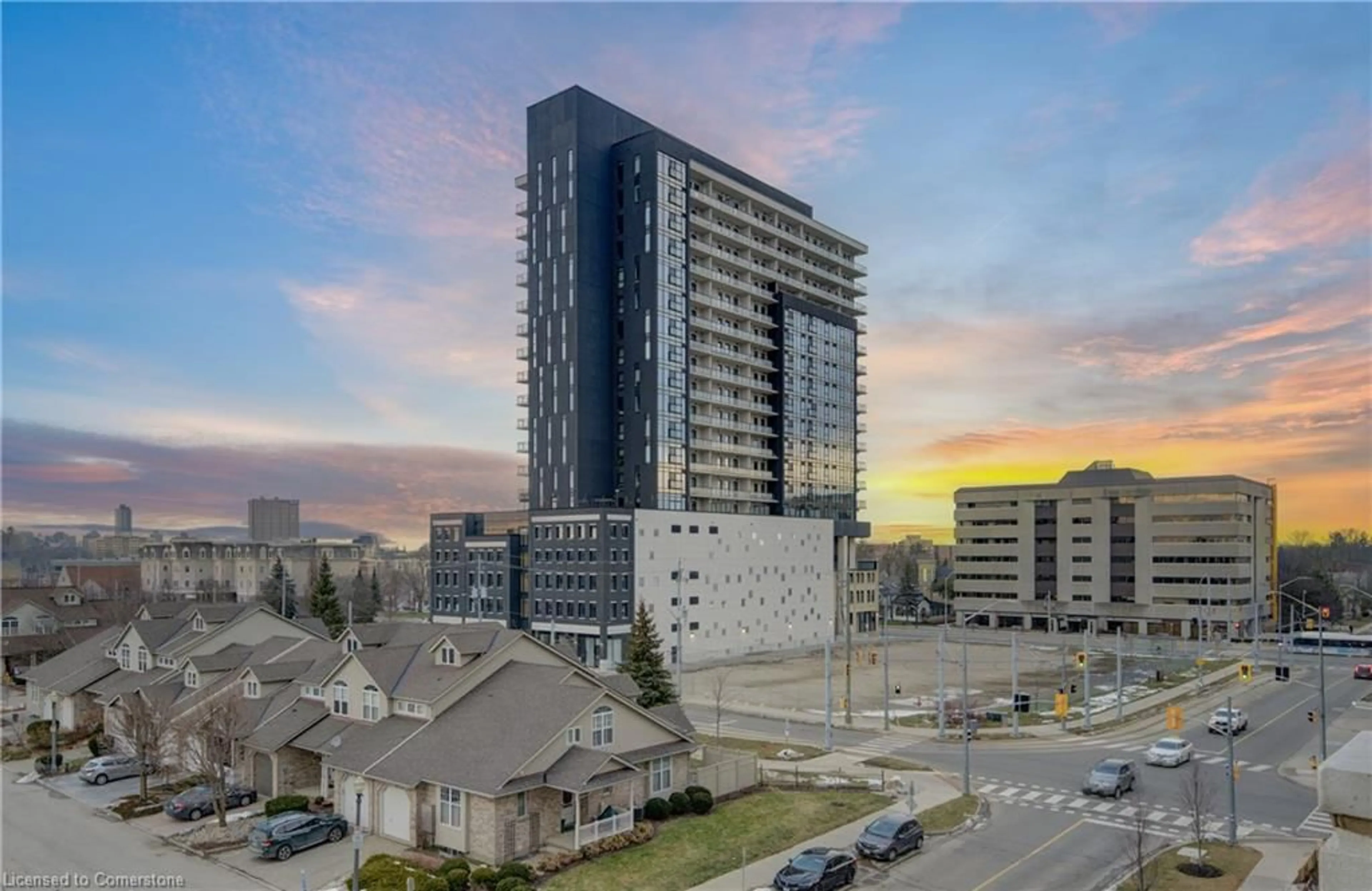 A pic from exterior of the house or condo, the view of city buildings for 181 King St #608, Waterloo Ontario N2J 0E7