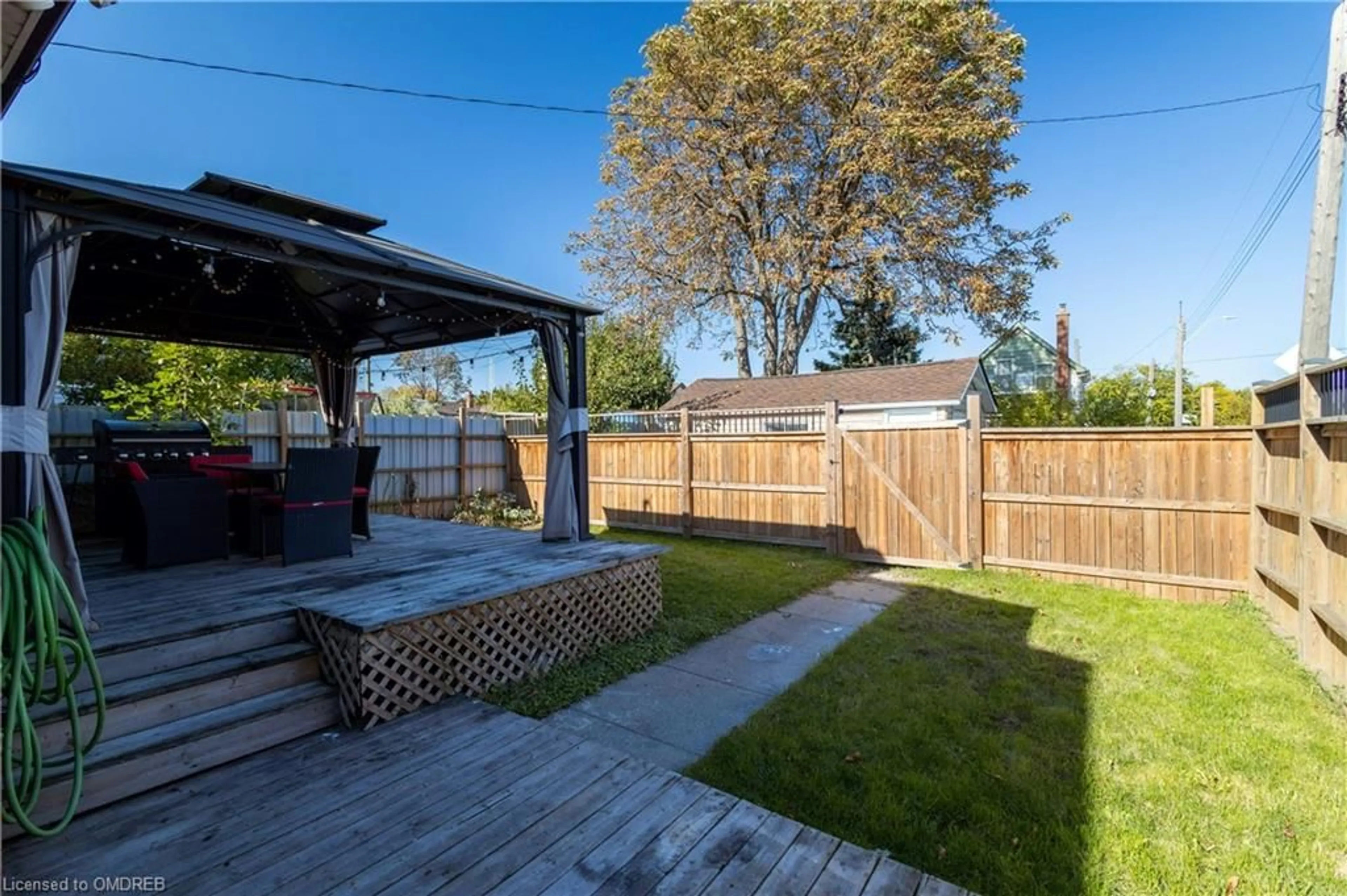 Patio, the fenced backyard for 55 Allan Ave, Hamilton Ontario L8H 2C8