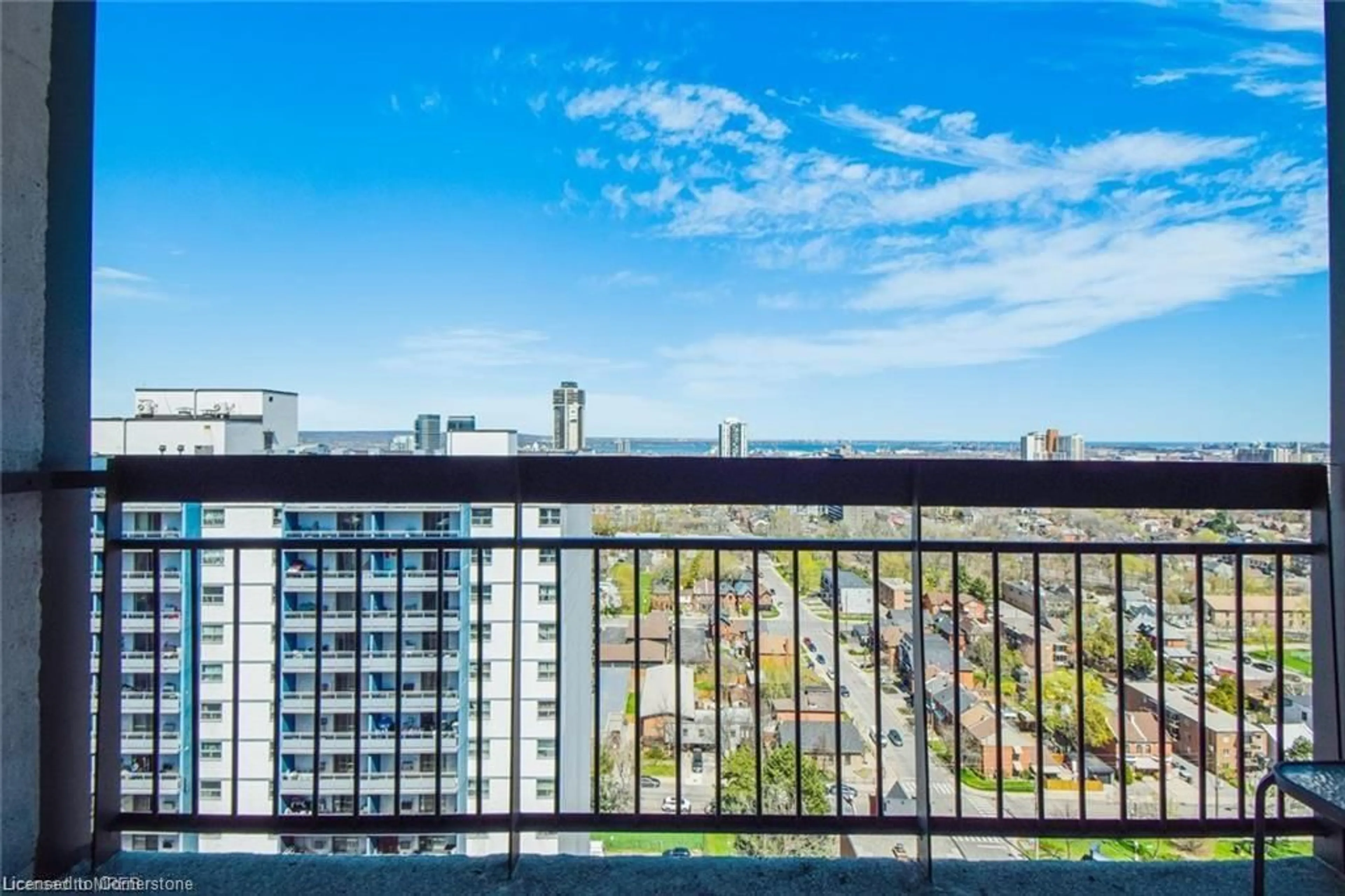 Balcony in the apartment, the view of city buildings for 150 Charlton Ave #2303, Hamilton Ontario L8N 3X3