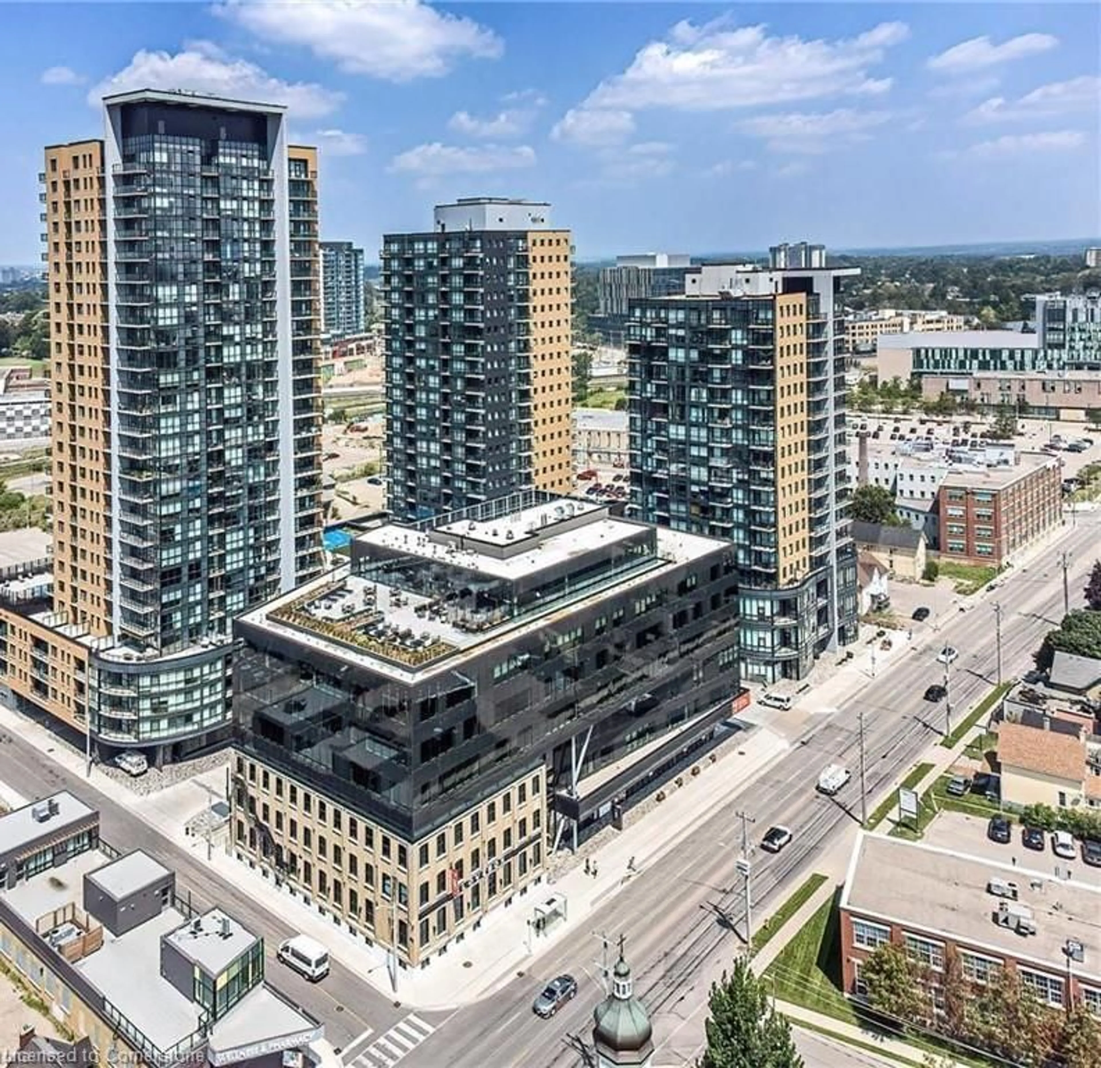 A pic from outside/outdoor area/front of a property/back of a property/a pic from drone, city buildings view from balcony for 104 Garment St #1702, Kitchener Ontario N2G 0C8