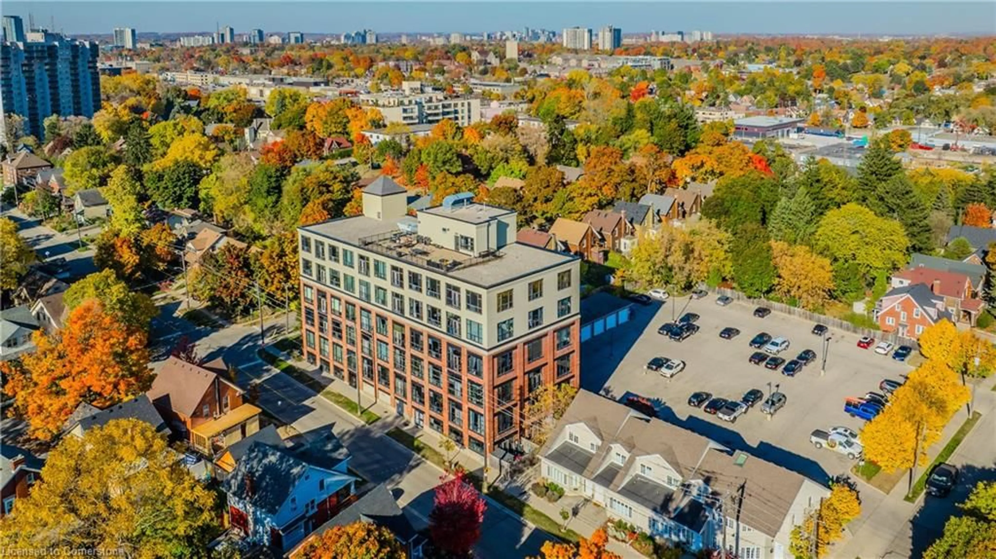 A pic from outside/outdoor area/front of a property/back of a property/a pic from drone, city buildings view from balcony for 120 Mansion St #505, Kitchener Ontario N2H 0A1