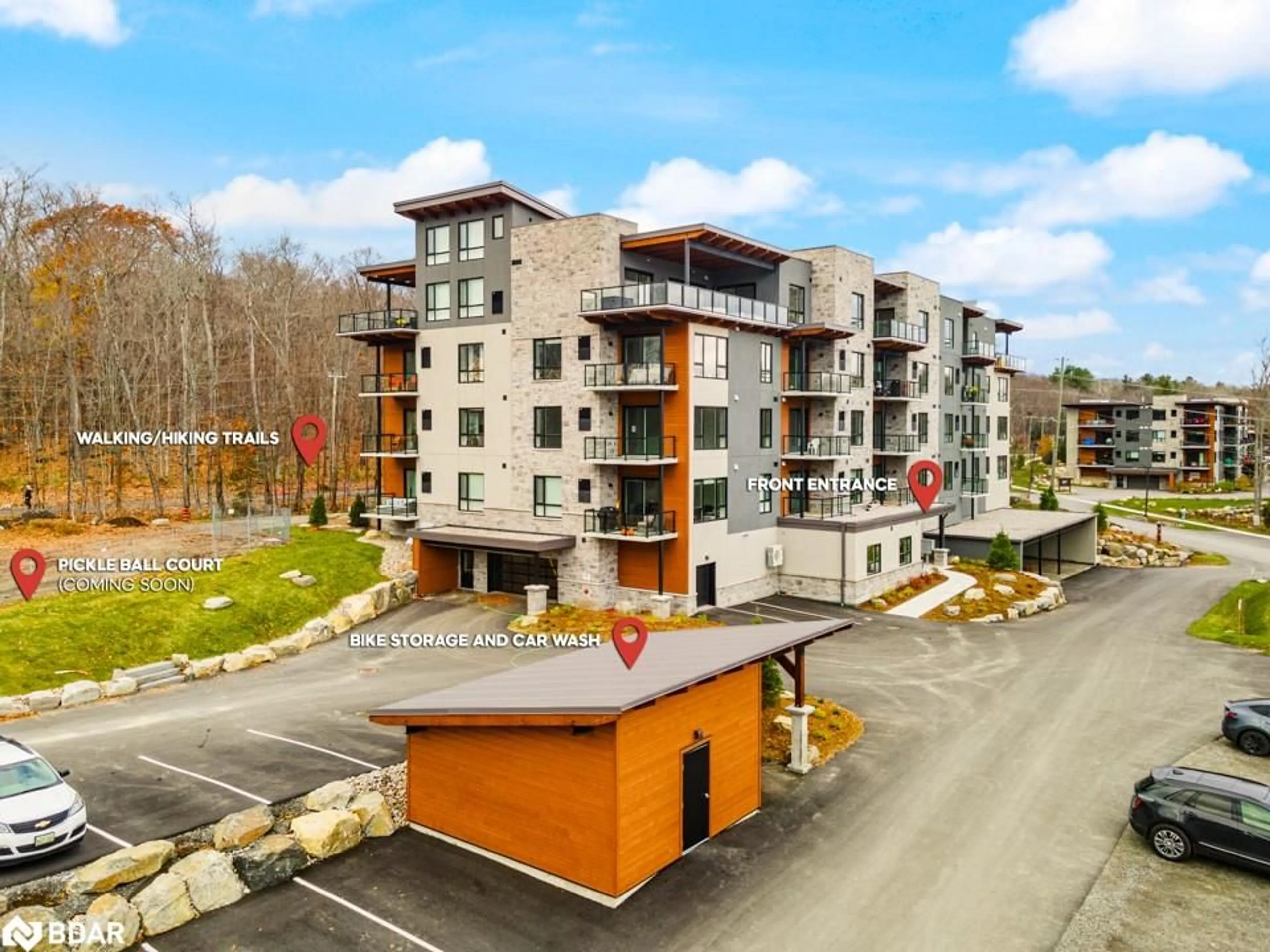 A pic from outside/outdoor area/front of a property/back of a property/a pic from drone, mountain view for 18 Campus Trail #107, Huntsville Ontario P1H 1C6