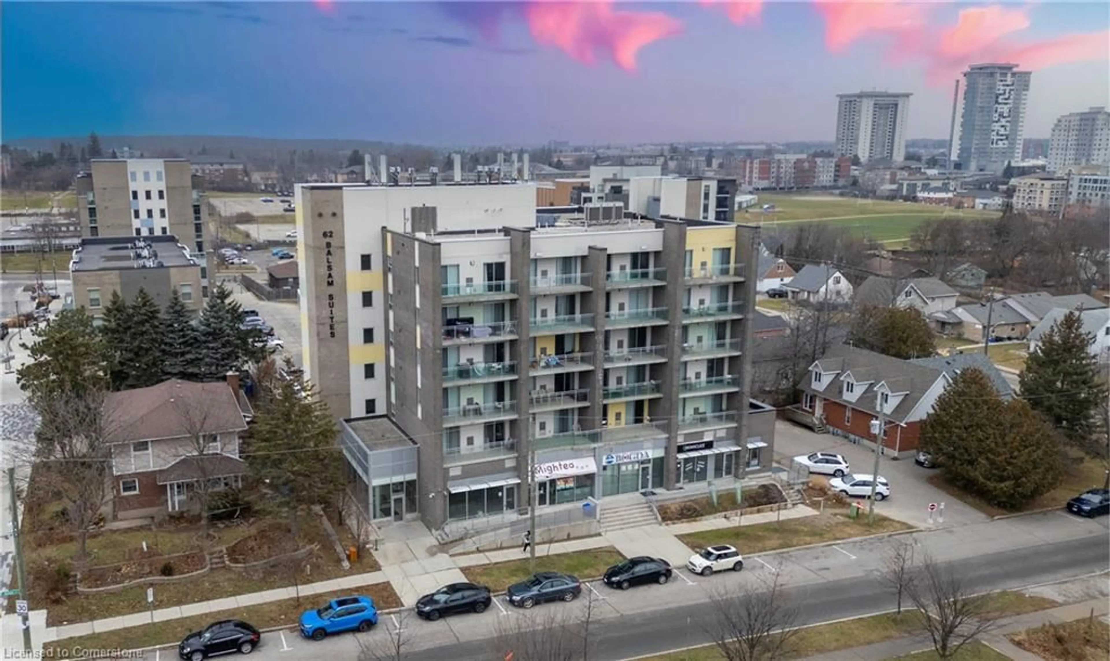 A pic from outside/outdoor area/front of a property/back of a property/a pic from drone, city buildings view from balcony for 62 Balsam St #H201, Waterloo Ontario N2L 3H2