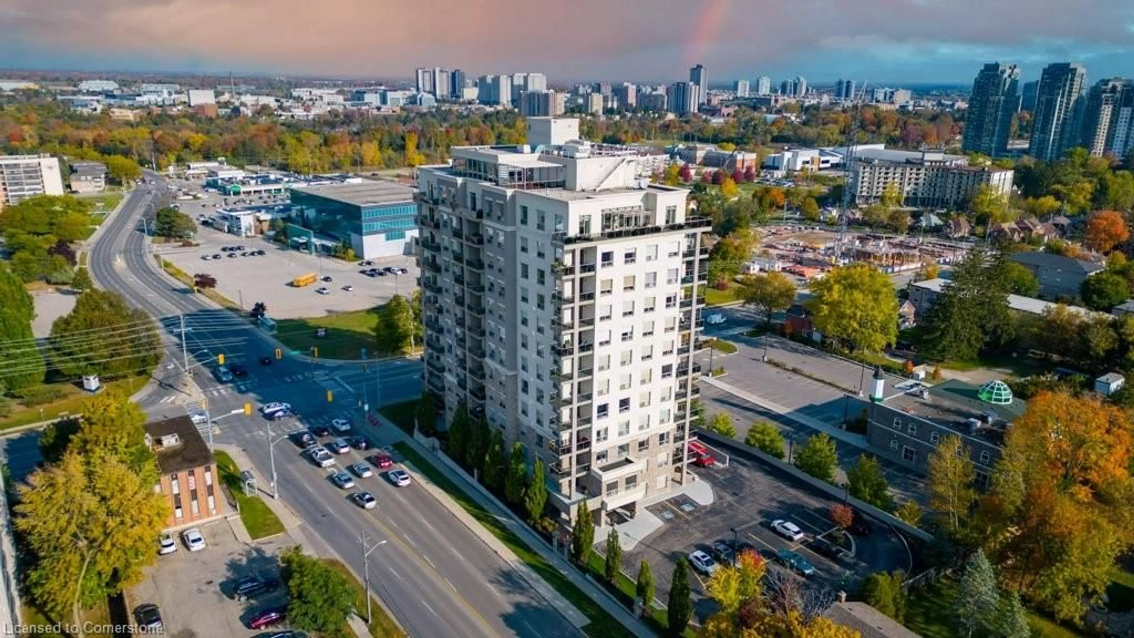 A pic from outside/outdoor area/front of a property/back of a property/a pic from drone, city buildings view from balcony for 223 Erb St #205, Waterloo Ontario N2L 0B3