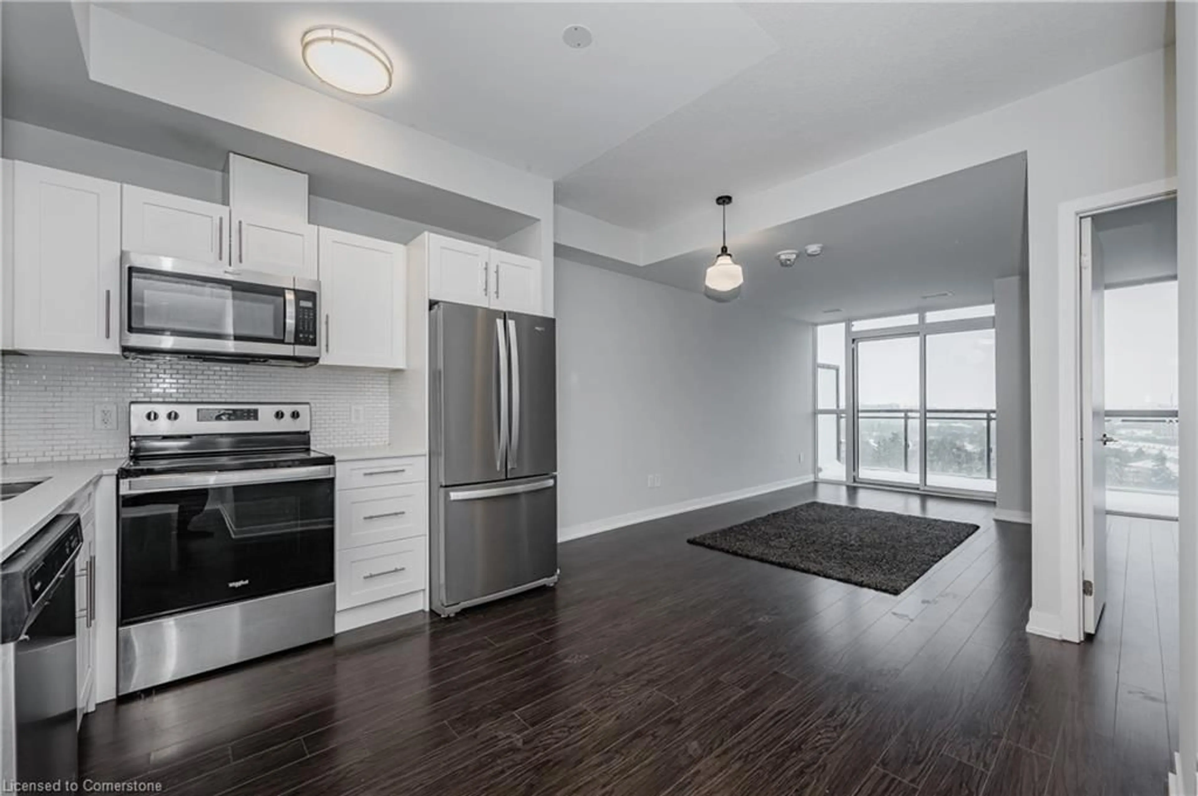 Open concept kitchen, wood/laminate floor for 128 King St #1211, Waterloo Ontario N2J 0E9