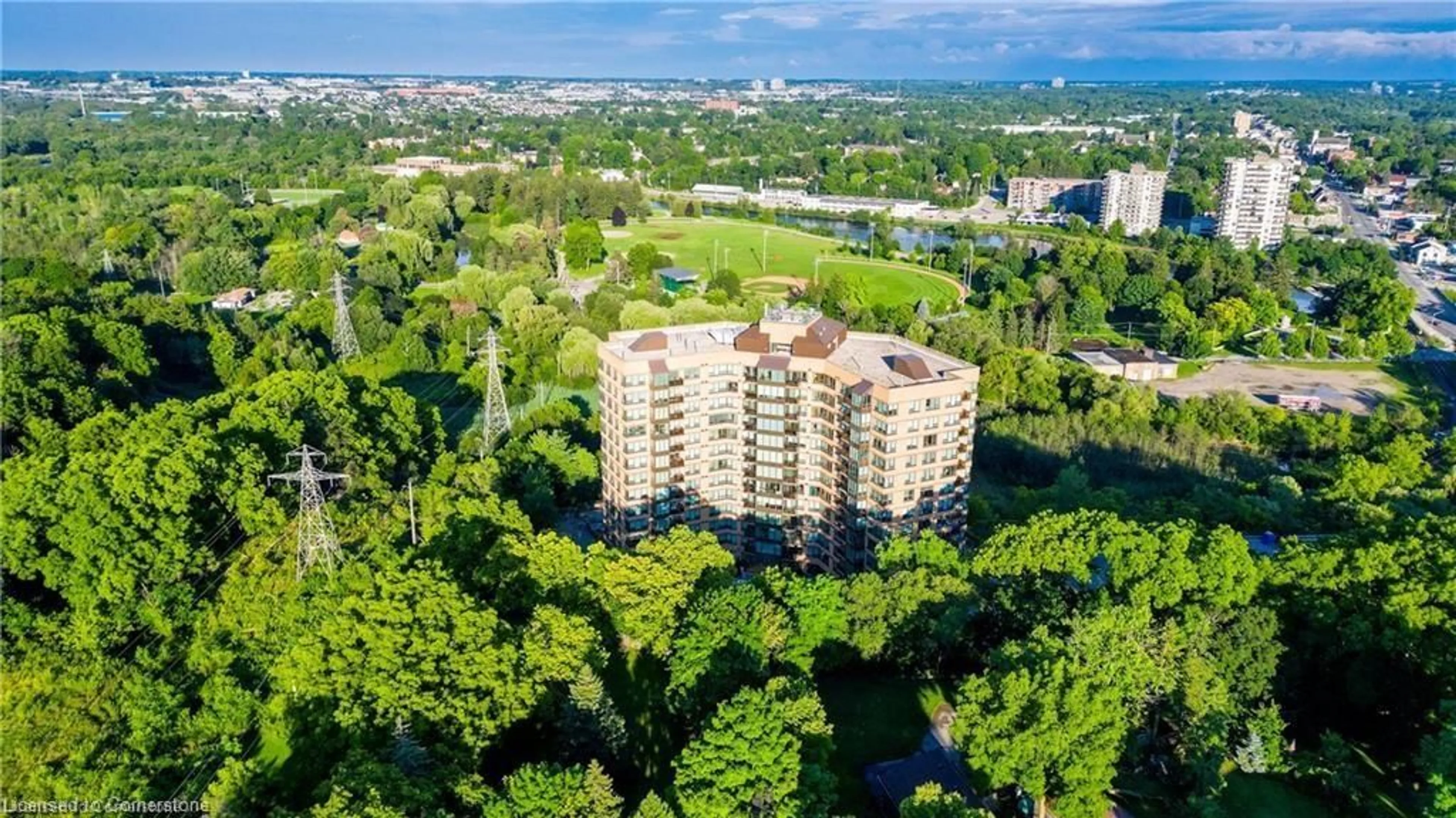 A pic from outside/outdoor area/front of a property/back of a property/a pic from drone, city buildings view from balcony for 237 King St #910, Cambridge Ontario N3H 5L2