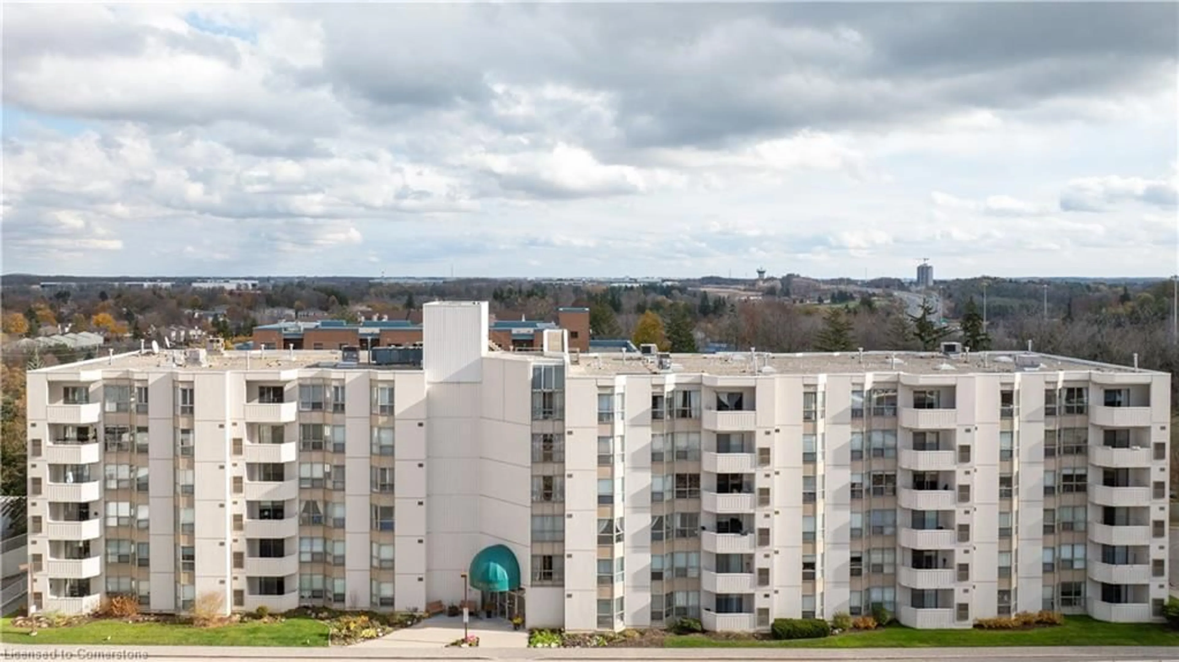 A pic from outside/outdoor area/front of a property/back of a property/a pic from drone, city buildings view from balcony for 3267 King St #PH7, Kitchener Ontario N2A 4A4