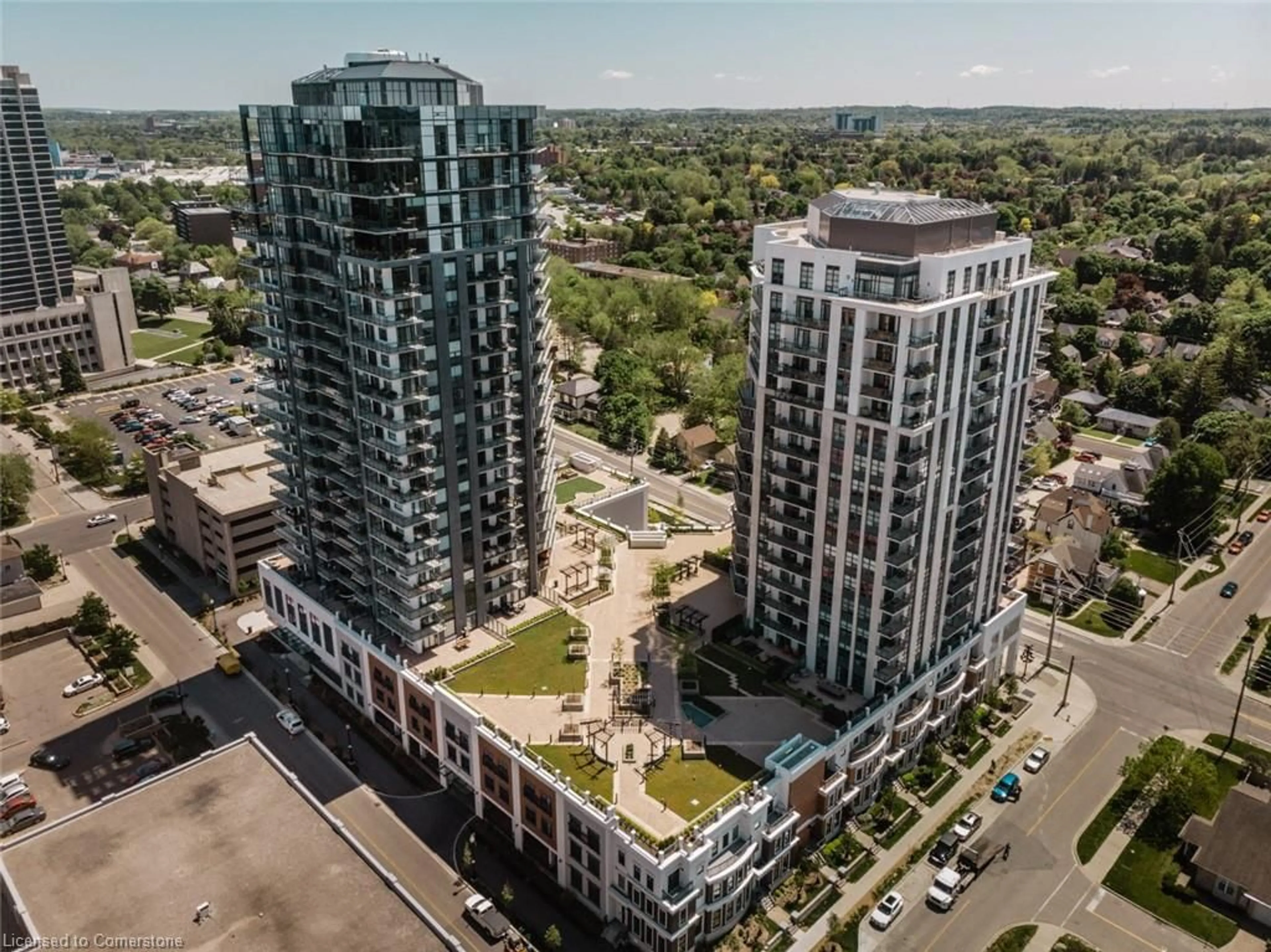 A pic from outside/outdoor area/front of a property/back of a property/a pic from drone, city buildings view from balcony for 155 Caroline St #603, Waterloo Ontario N2L 0J8