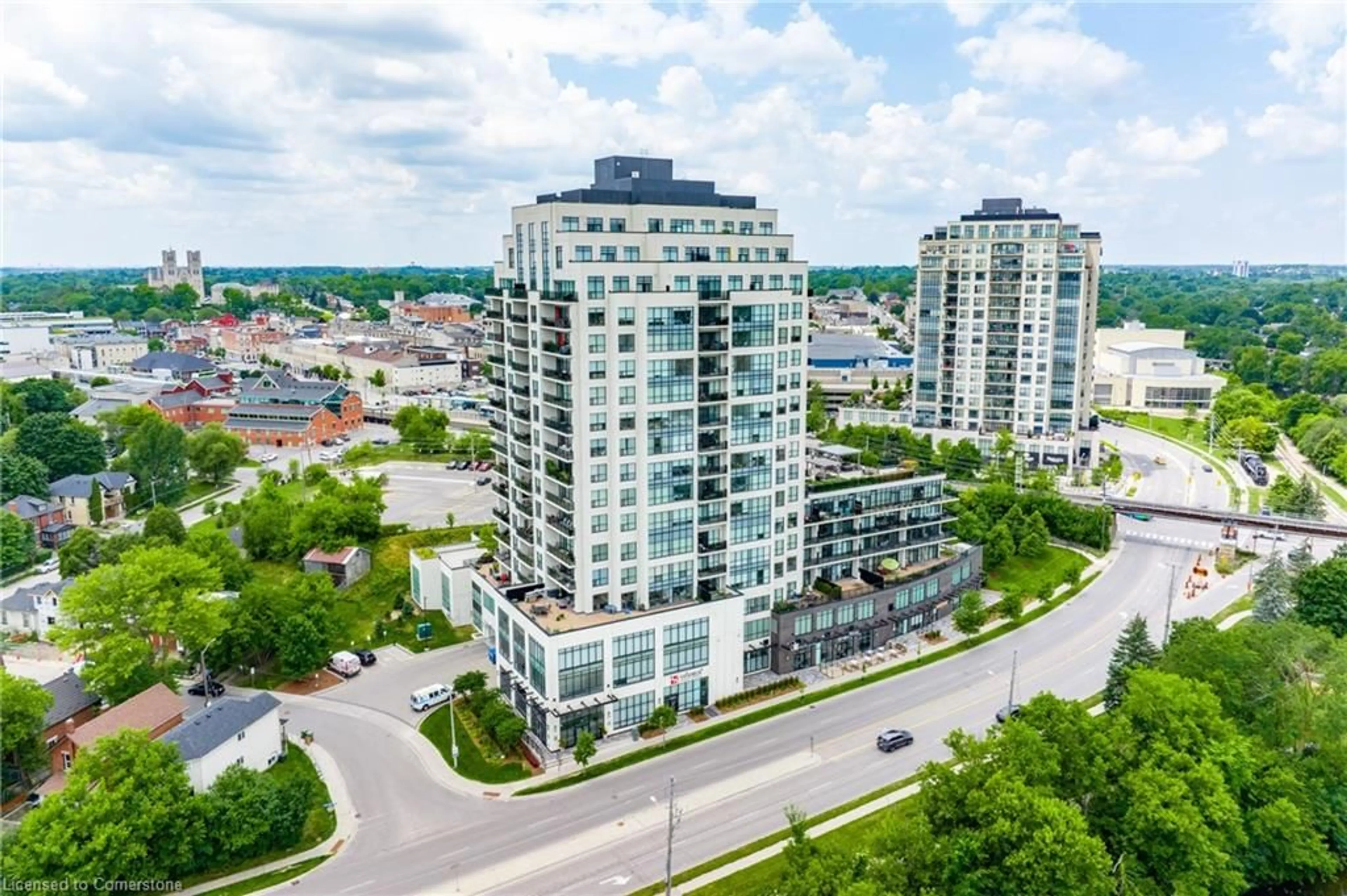 A pic from outside/outdoor area/front of a property/back of a property/a pic from drone, city buildings view from balcony for 150 Wellington St #313, Guelph Ontario N1H 3R2