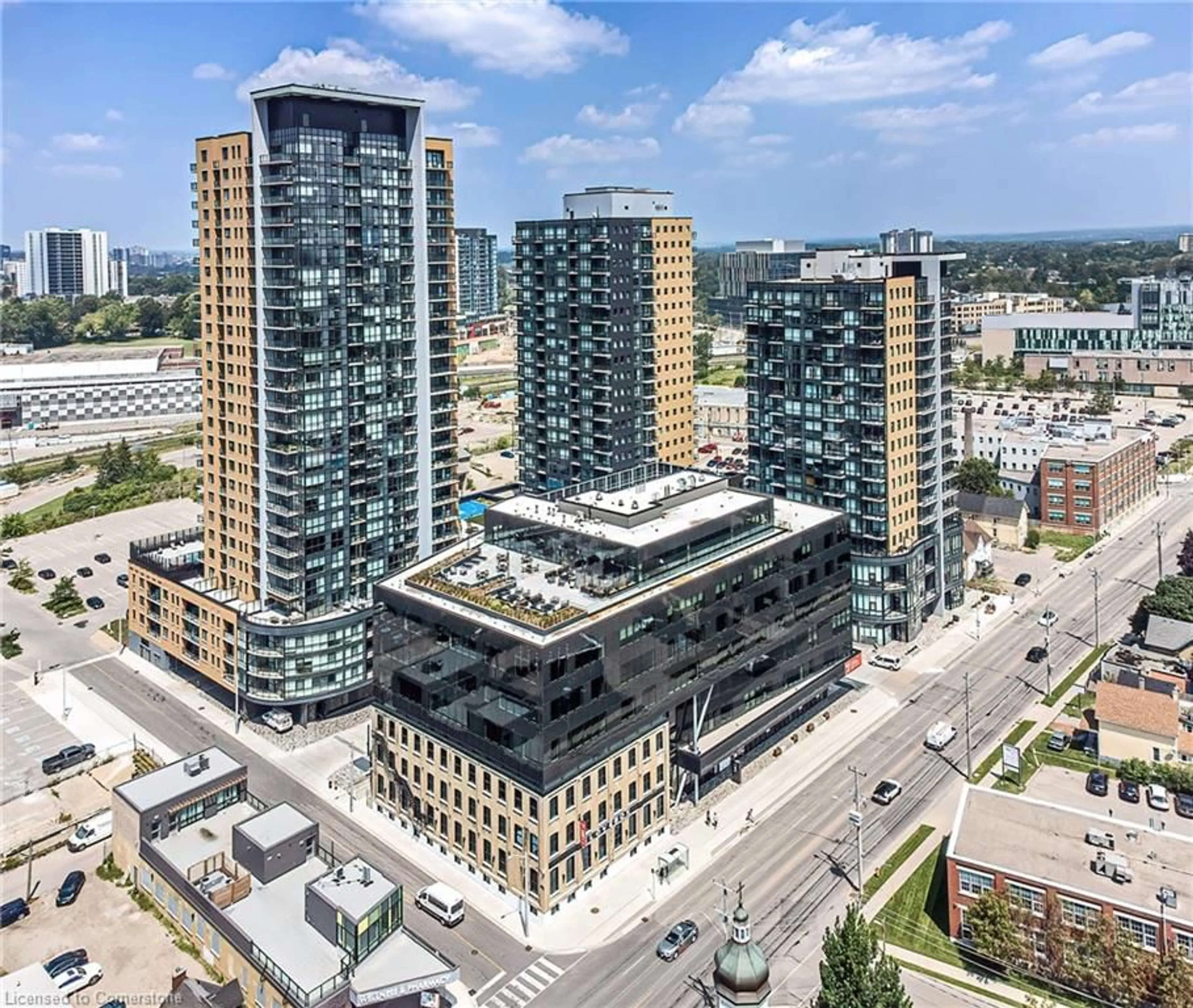 A pic from outside/outdoor area/front of a property/back of a property/a pic from drone, city buildings view from balcony for 108 Garment St #1212, Kitchener Ontario N2G 0E2