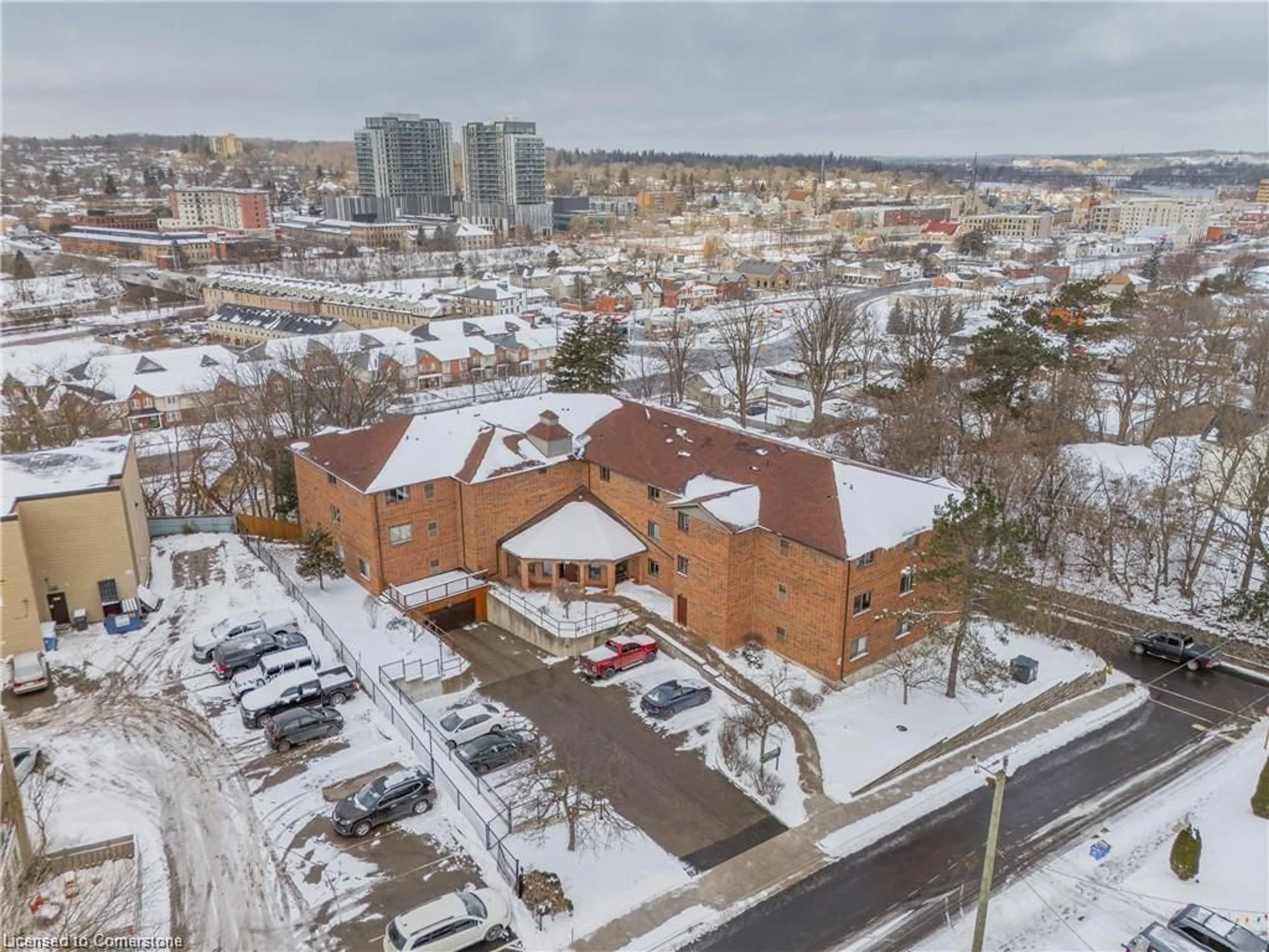 A pic from outside/outdoor area/front of a property/back of a property/a pic from drone, city buildings view from balcony for 4 Albert St #104, Cambridge Ontario N1R 3M4