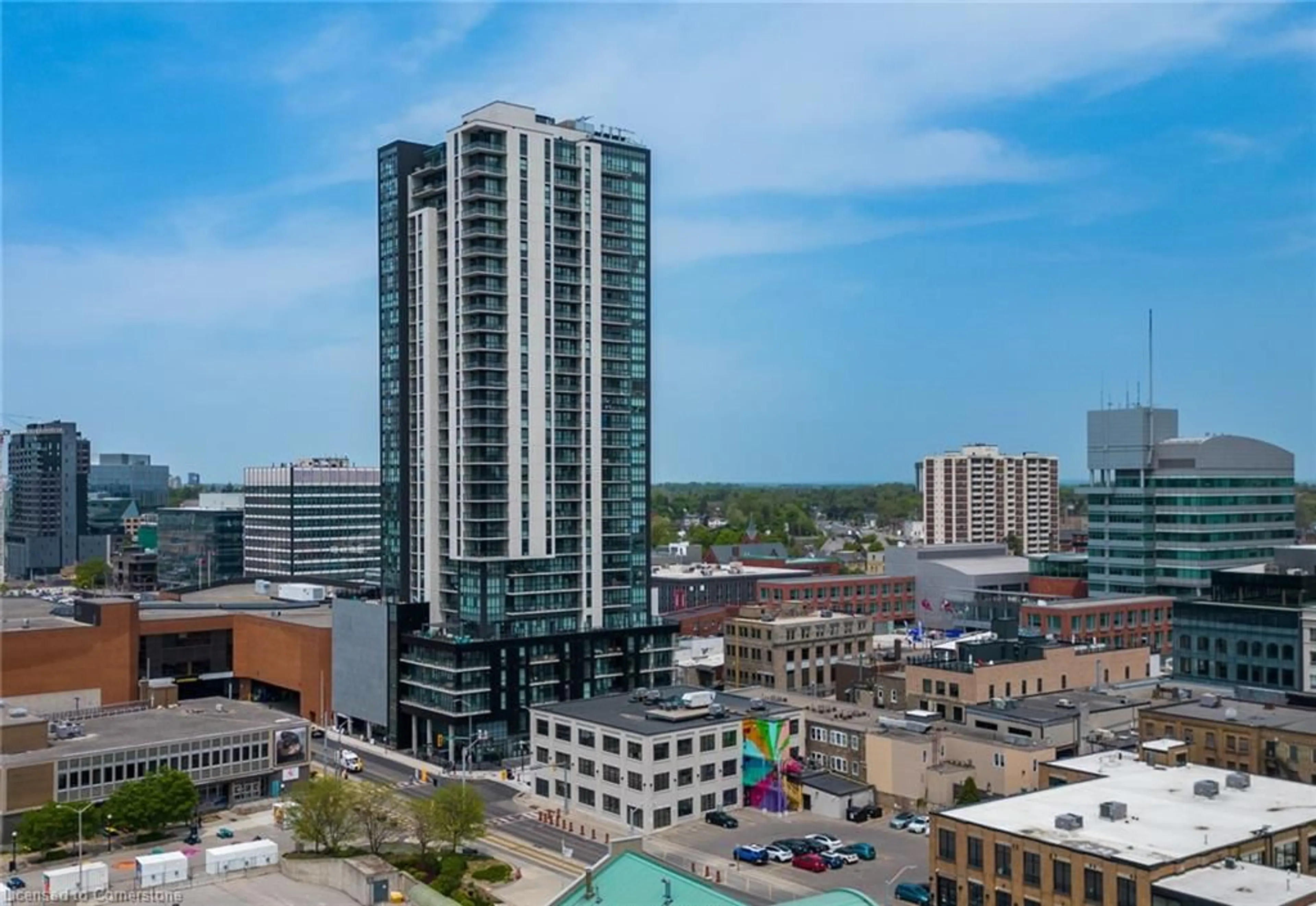 A pic from outside/outdoor area/front of a property/back of a property/a pic from drone, city buildings view from balcony for 60 Charles St #2908, Kitchener Ontario N2G 0C9