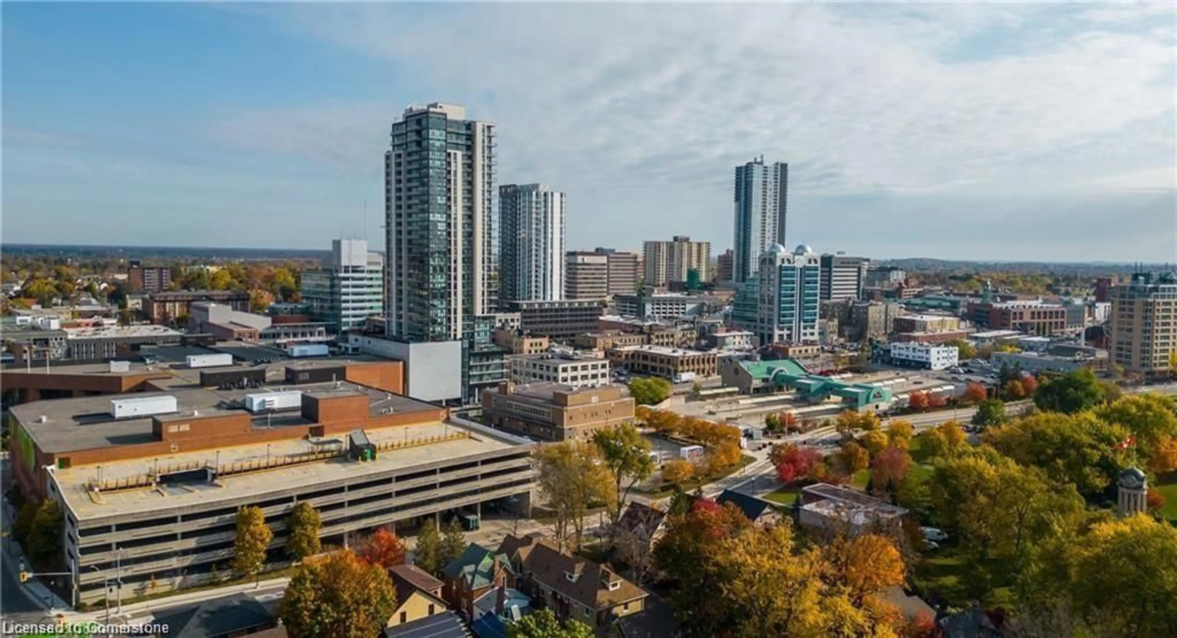 A pic from outside/outdoor area/front of a property/back of a property/a pic from drone, city buildings view from balcony for 60 Charles St #604, Kitchener Ontario N2G 0C9