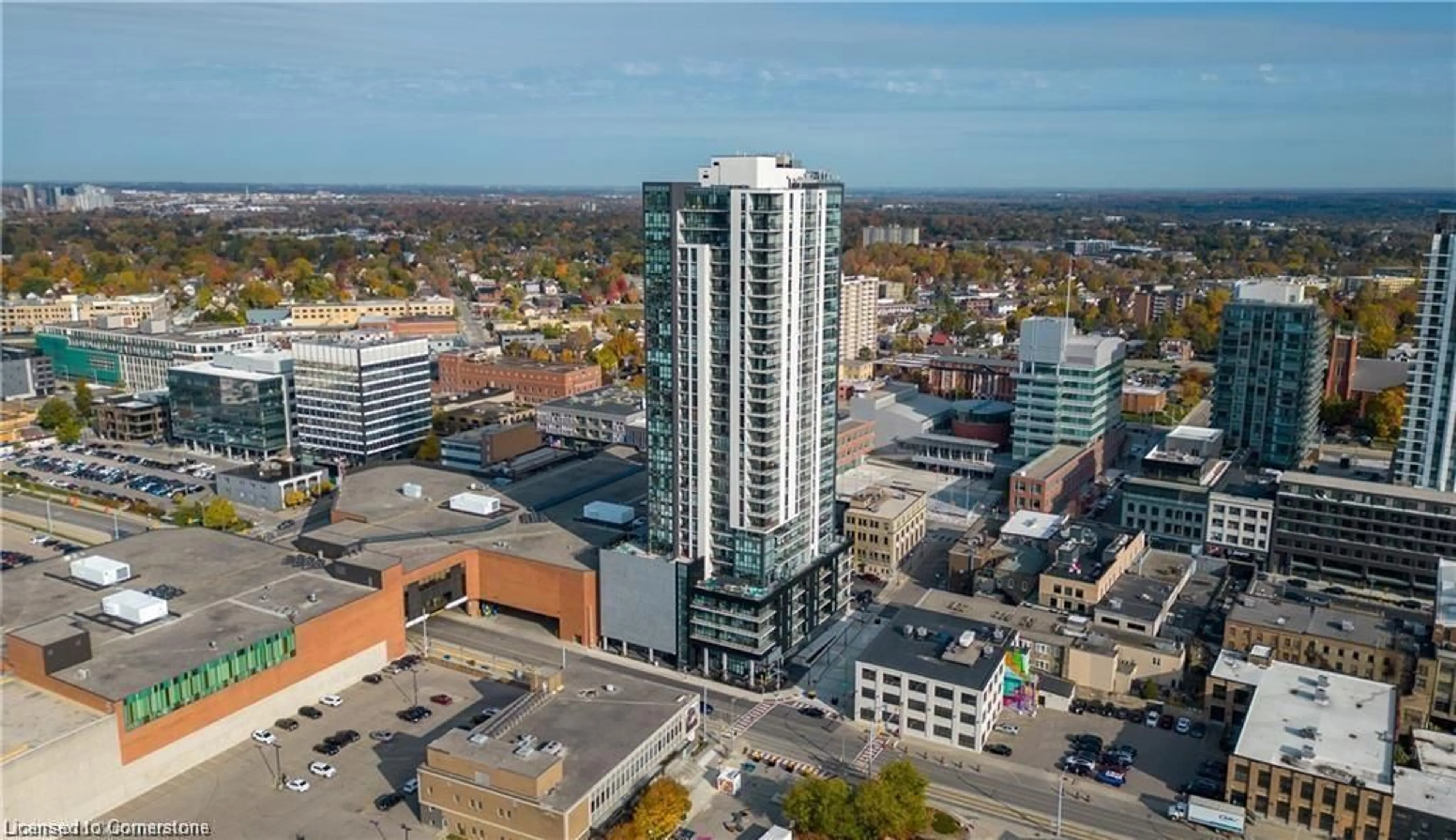 A pic from outside/outdoor area/front of a property/back of a property/a pic from drone, city buildings view from balcony for 60 Charles St #604, Kitchener Ontario N2G 0C9