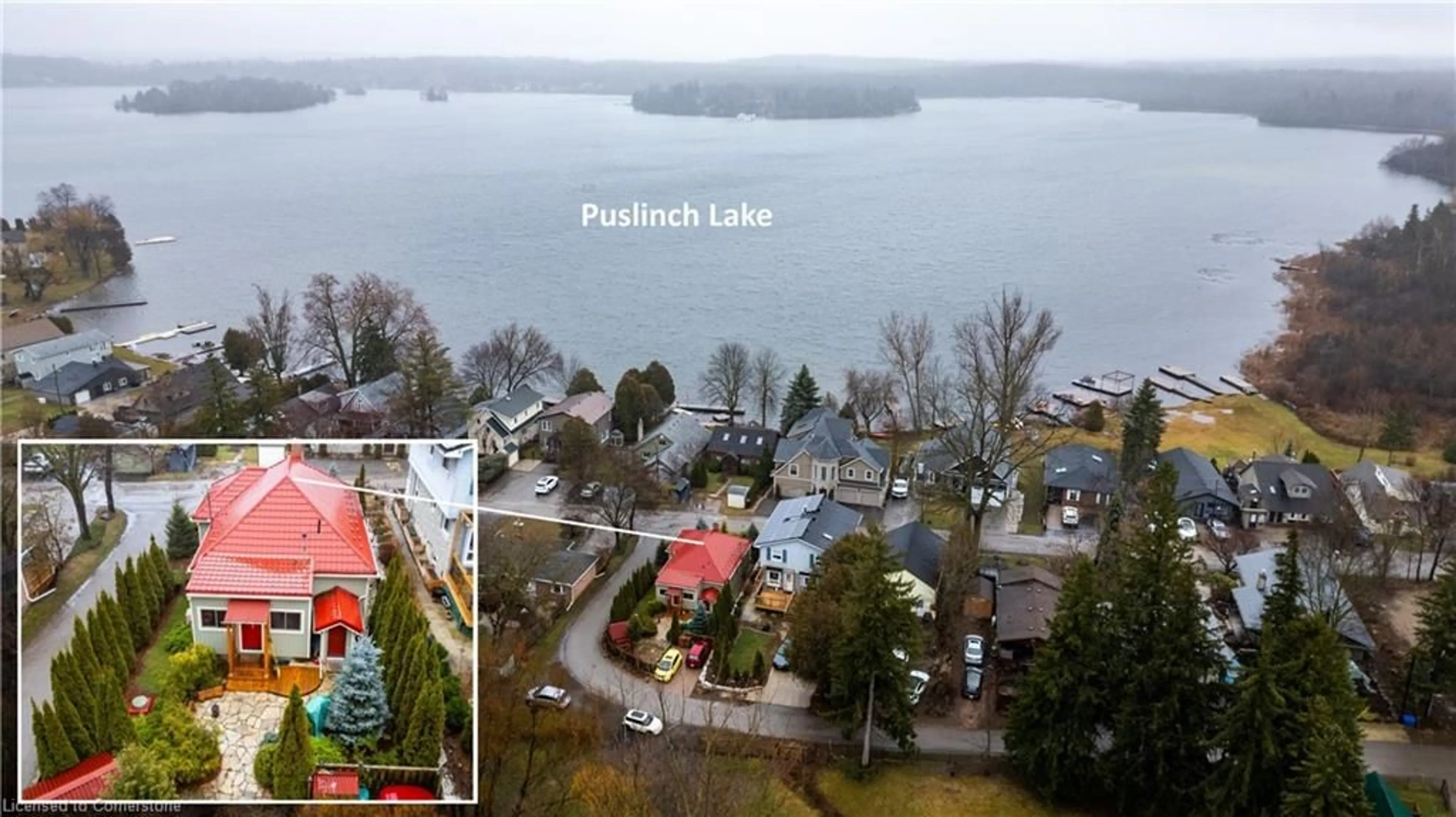 A pic from outside/outdoor area/front of a property/back of a property/a pic from drone, water/lake/river/ocean view for 32 Holly Trail, Puslinch Ontario N3C 2V4