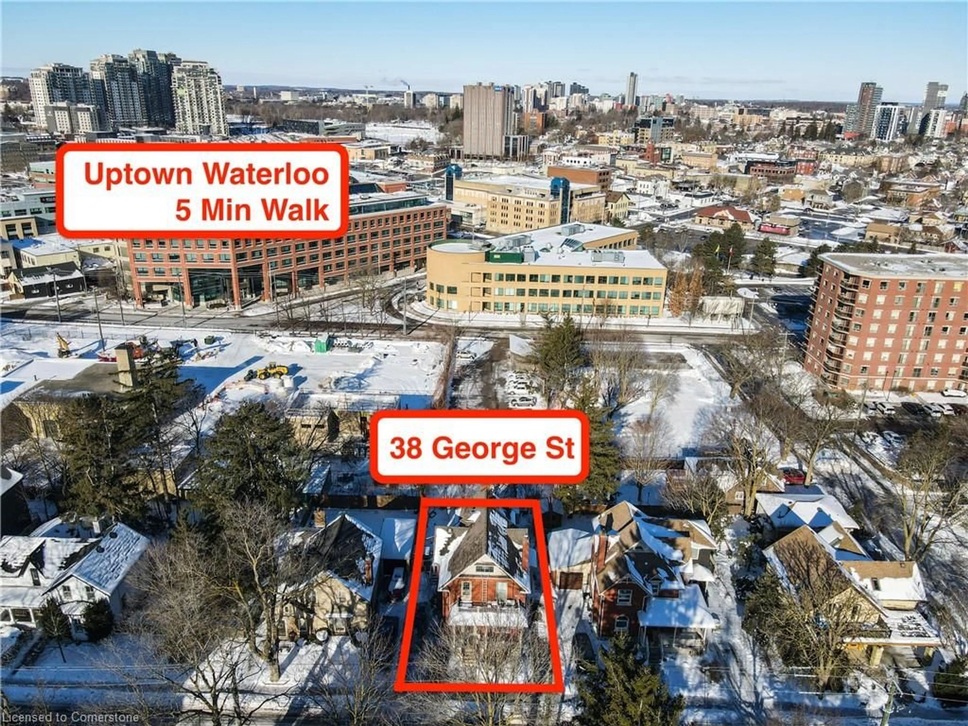 A pic from outside/outdoor area/front of a property/back of a property/a pic from drone, city buildings view from balcony for 38 George St, Waterloo Ontario N2J 1K5