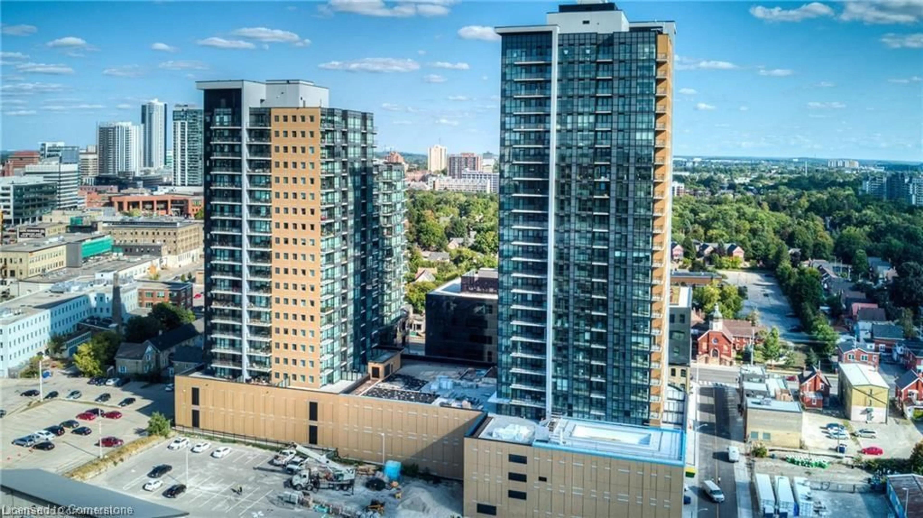 A pic from outside/outdoor area/front of a property/back of a property/a pic from drone, city buildings view from balcony for 104 Garment St #2106, Kitchener Ontario N2G 0C8