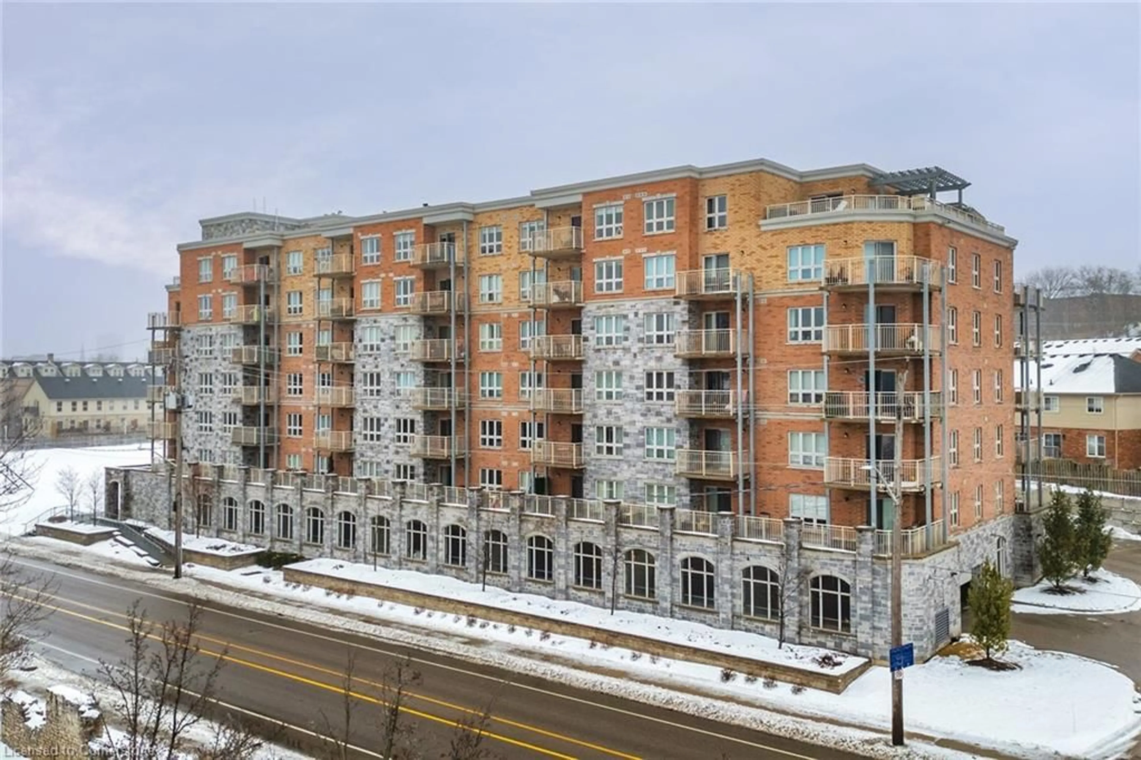 A pic from outside/outdoor area/front of a property/back of a property/a pic from drone, city buildings view from balcony for 155 Water St #409, Cambridge Ontario N1R 3E3