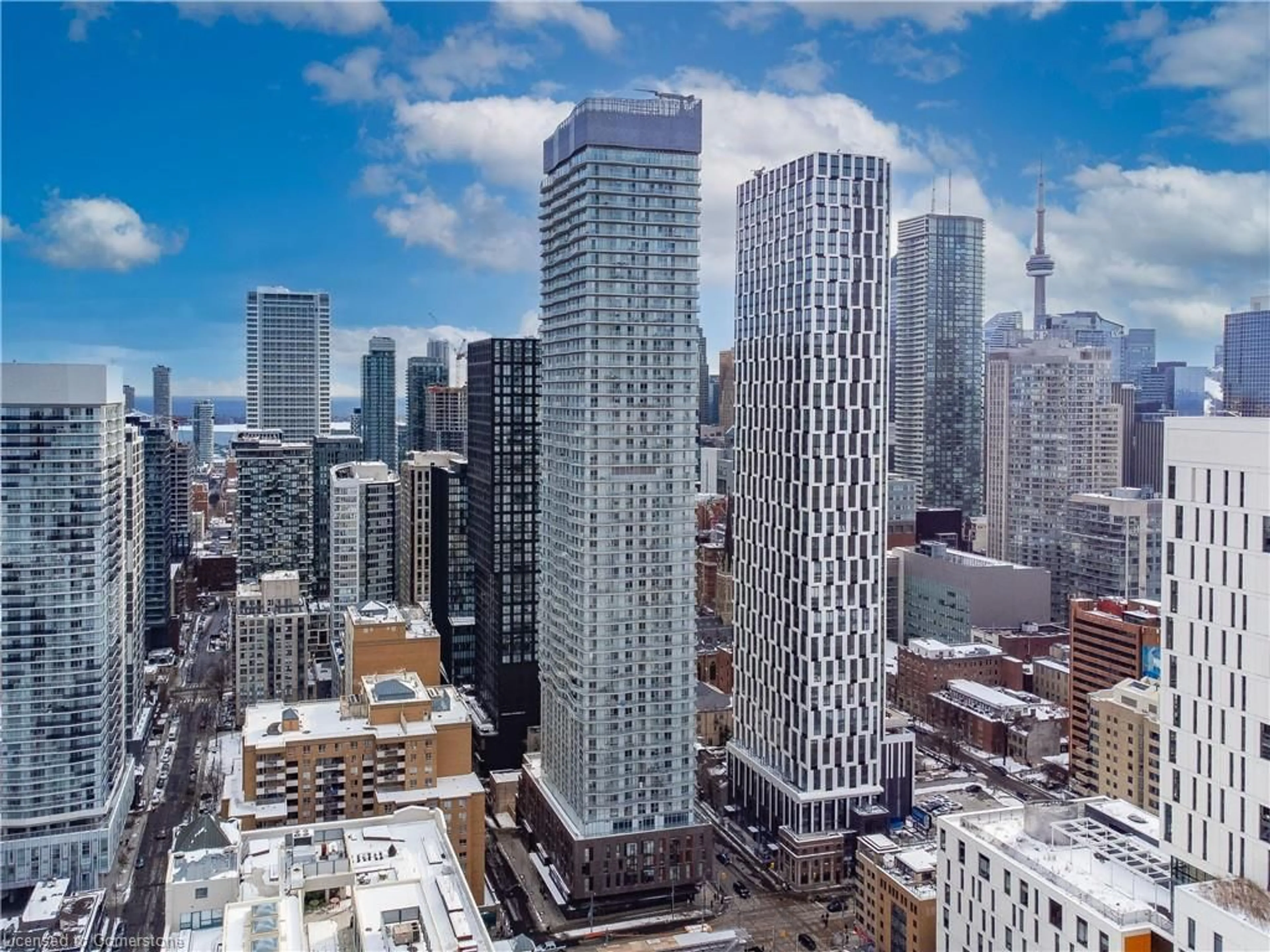 A pic from outside/outdoor area/front of a property/back of a property/a pic from drone, city buildings view from balcony for 100 Dalhousie St #3001, Toronto Ontario M5B 0C7