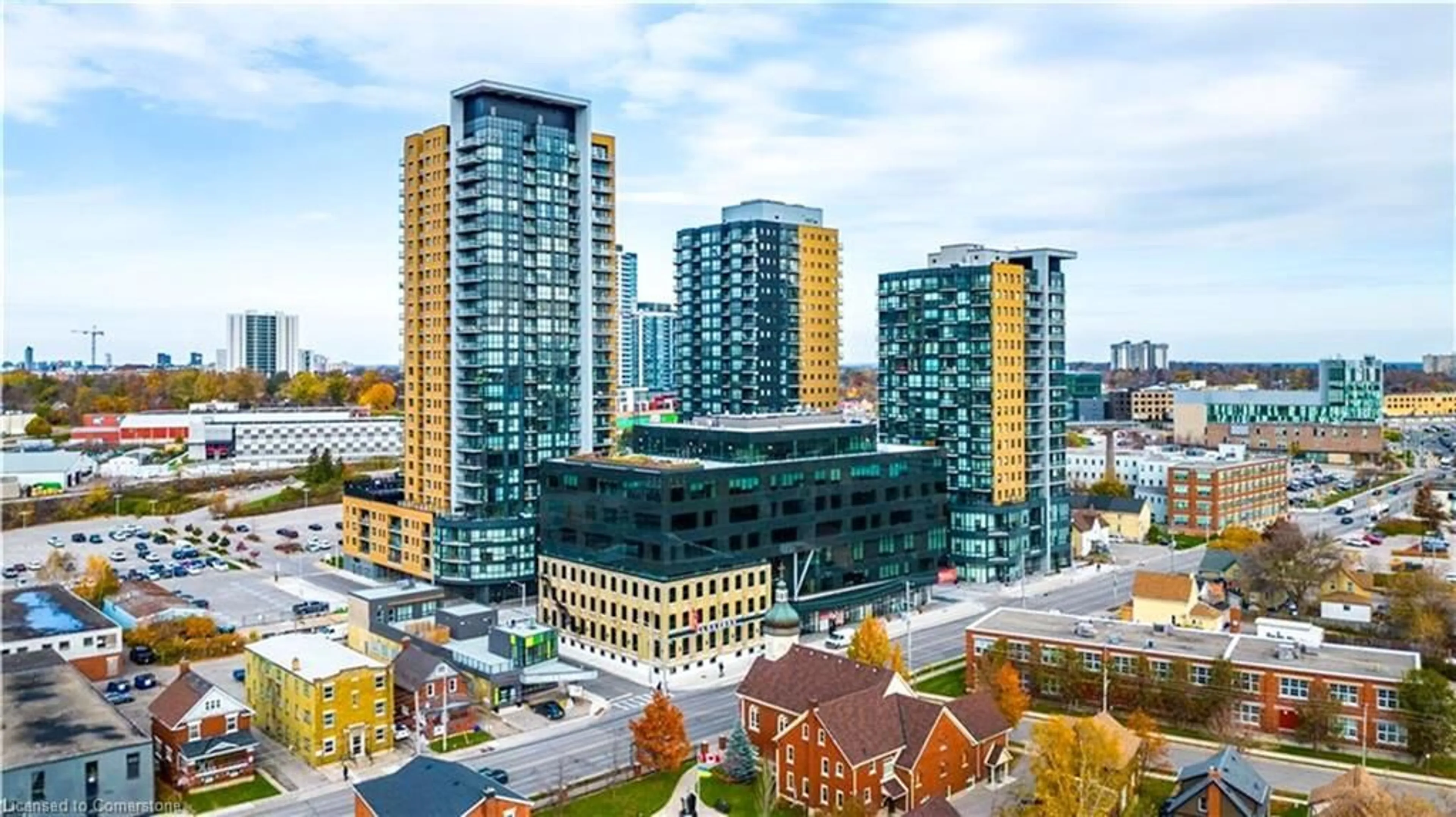 A pic from outside/outdoor area/front of a property/back of a property/a pic from drone, city buildings view from balcony for 108 Garment St #904, Kitchener Ontario N2G 0E2