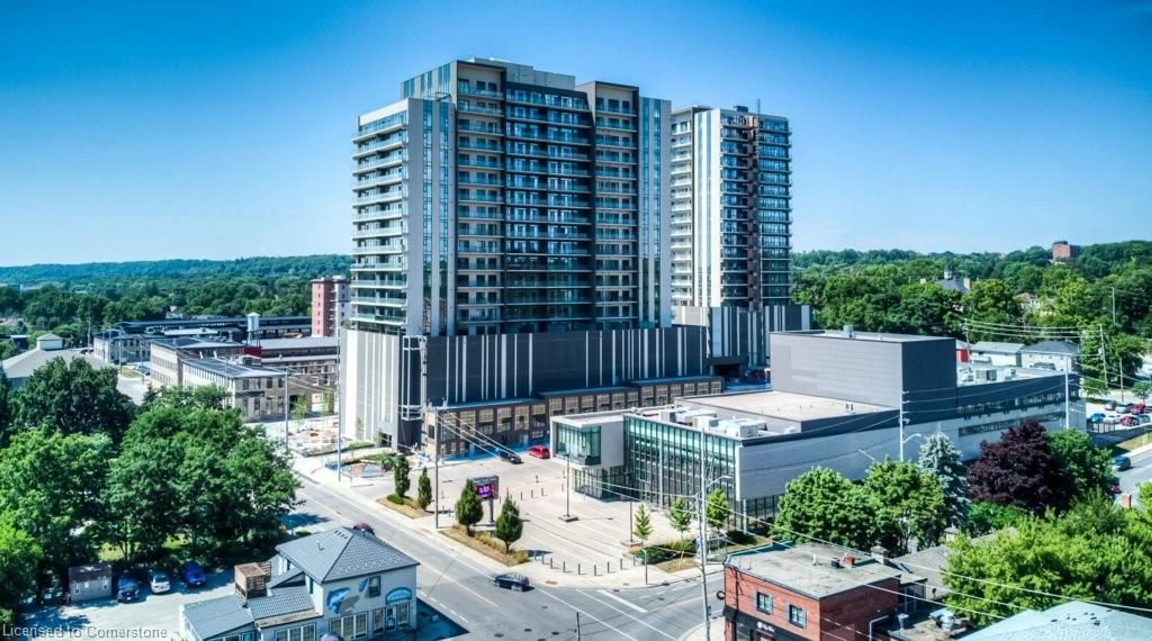 A pic from outside/outdoor area/front of a property/back of a property/a pic from drone, city buildings view from balcony for 50 Grand Ave #703, Cambridge Ontario N1S 0C2