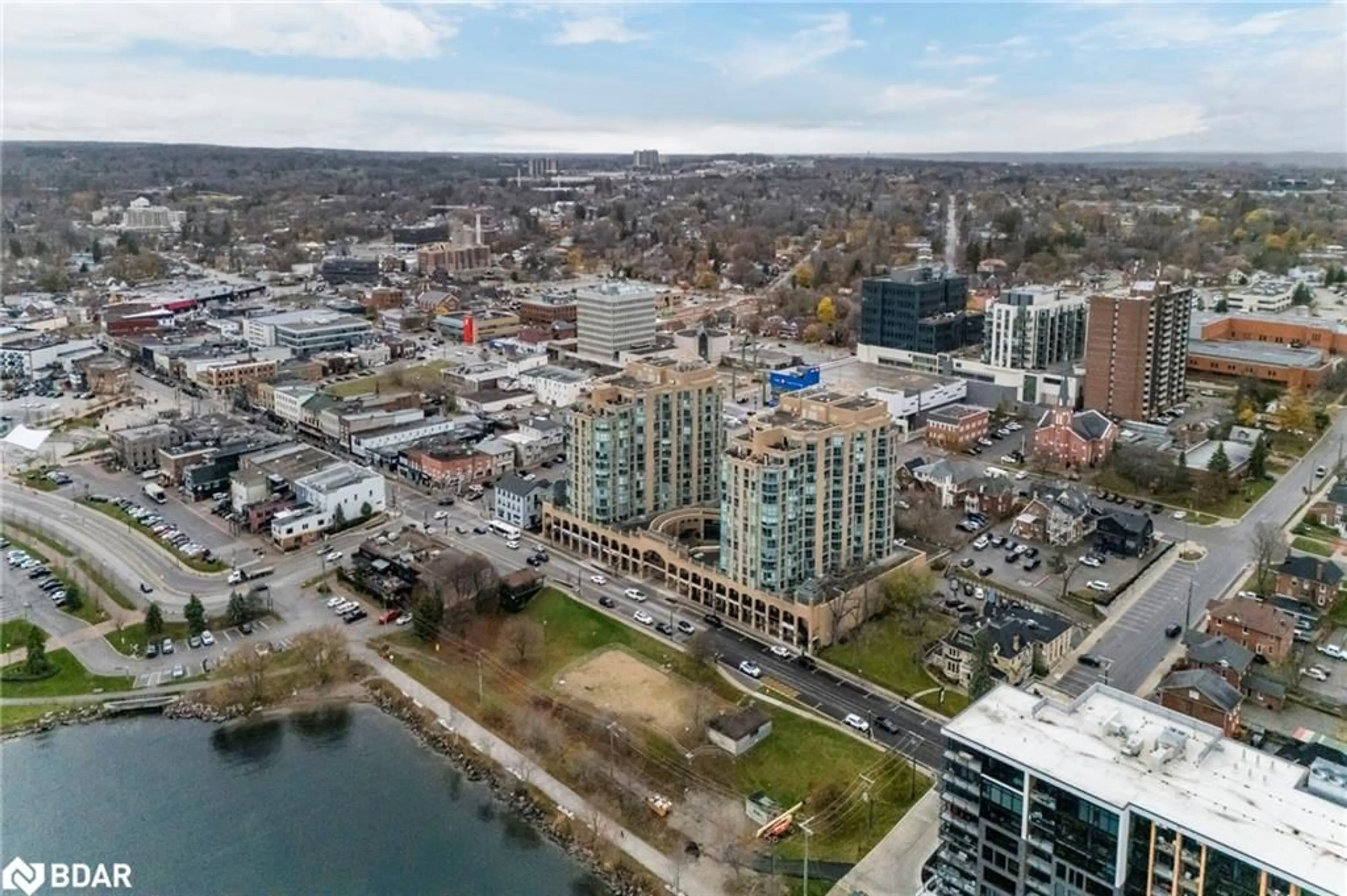 A pic from outside/outdoor area/front of a property/back of a property/a pic from drone, city buildings view from balcony for 140 Dunlop St #1502 W, Barrie Ontario L4M 6H9