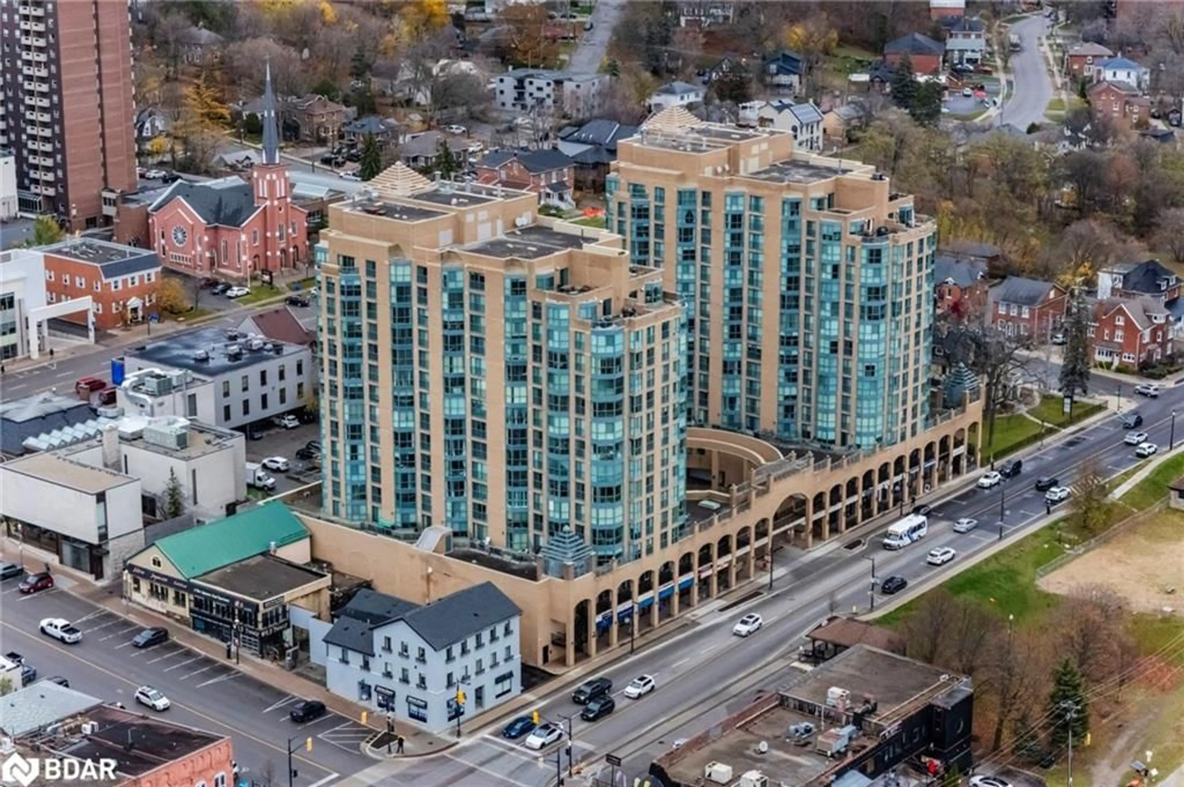 A pic from outside/outdoor area/front of a property/back of a property/a pic from drone, city buildings view from balcony for 140 Dunlop St #1502 W, Barrie Ontario L4M 6H9