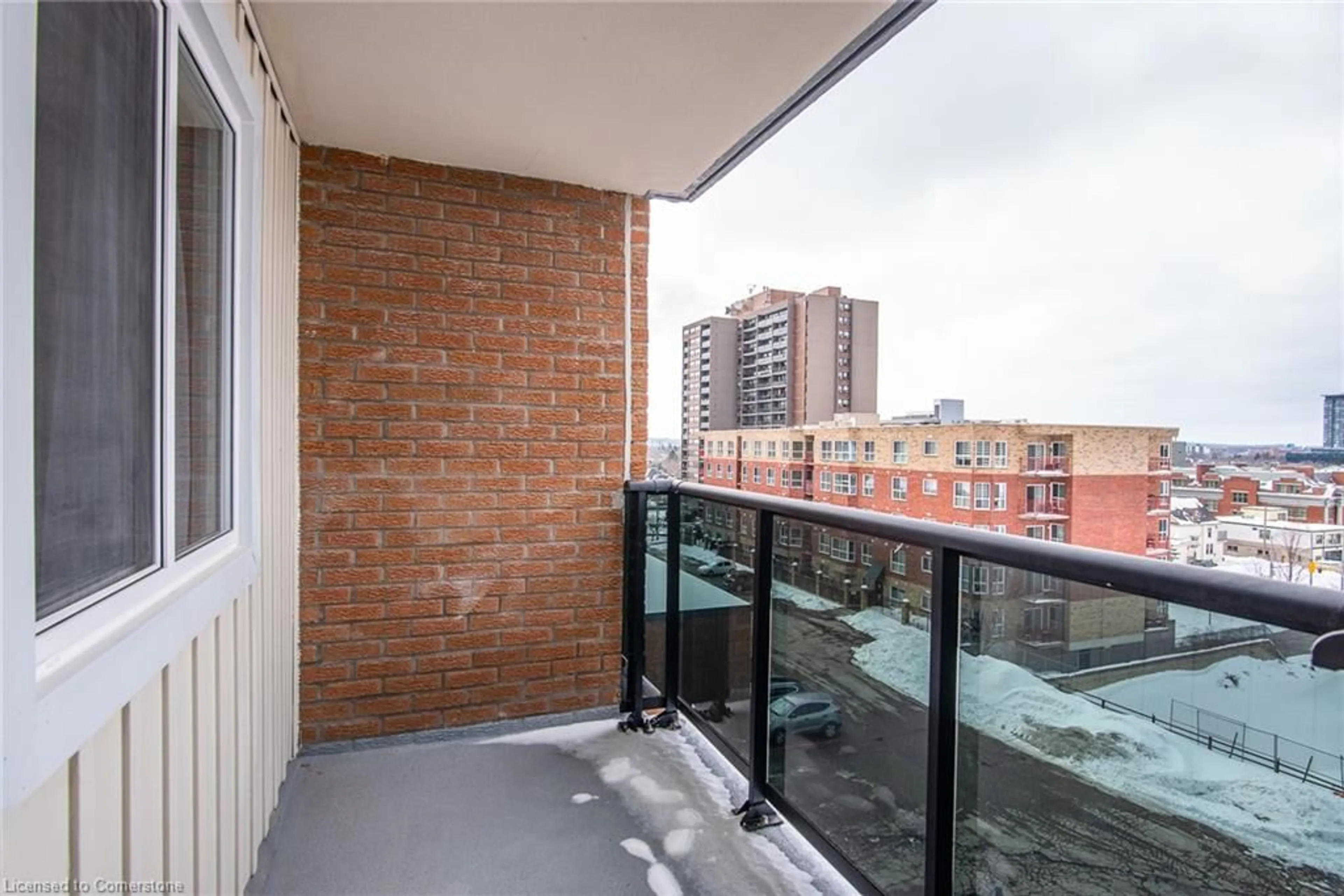 Balcony in the apartment, city buildings view from balcony for 64 Benton St #503, Kitchener Ontario N2G 4L9