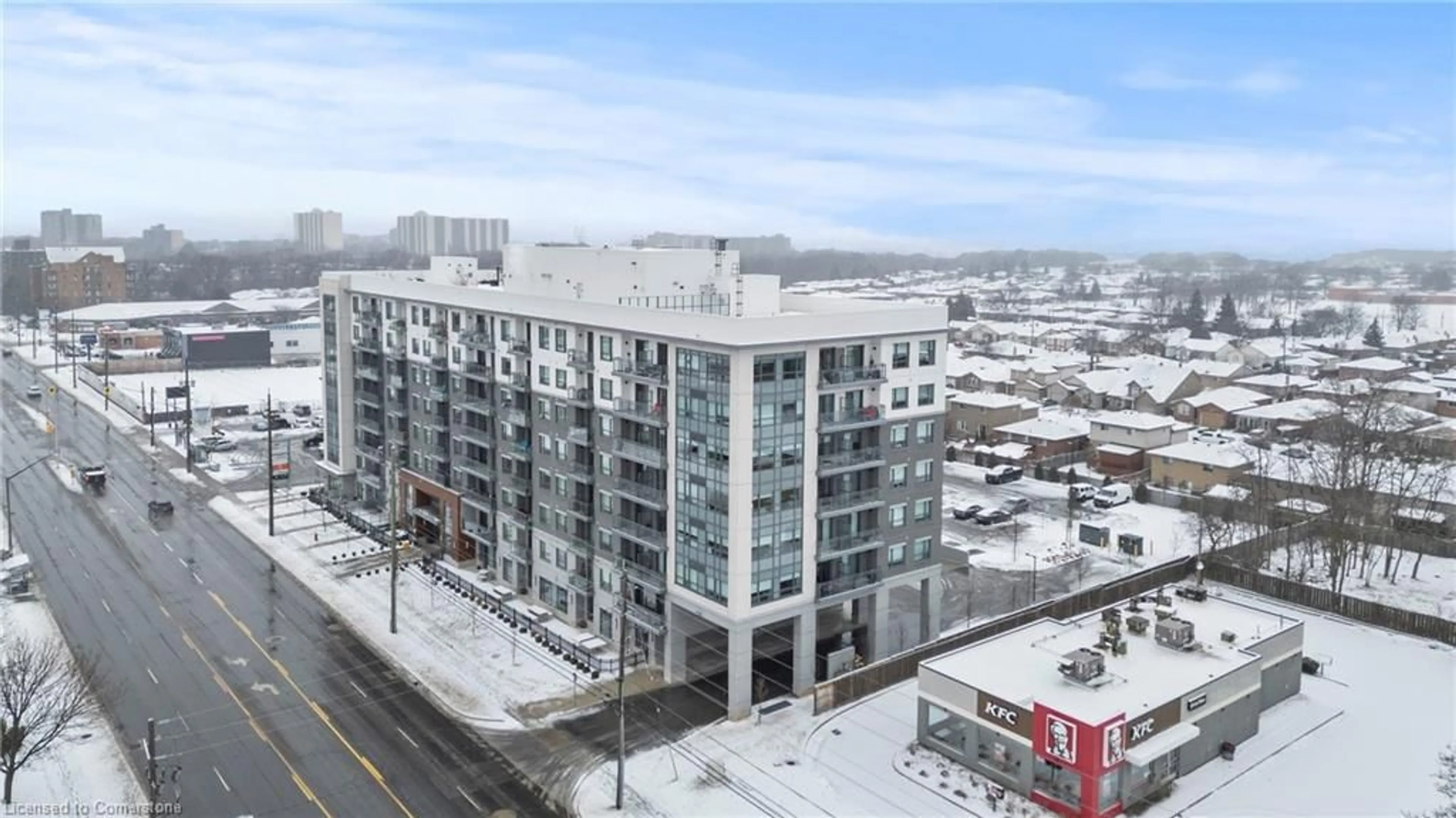 A pic from outside/outdoor area/front of a property/back of a property/a pic from drone, city buildings view from balcony for 121 Highway 8 #104, Hamilton Ontario L8G 0A3