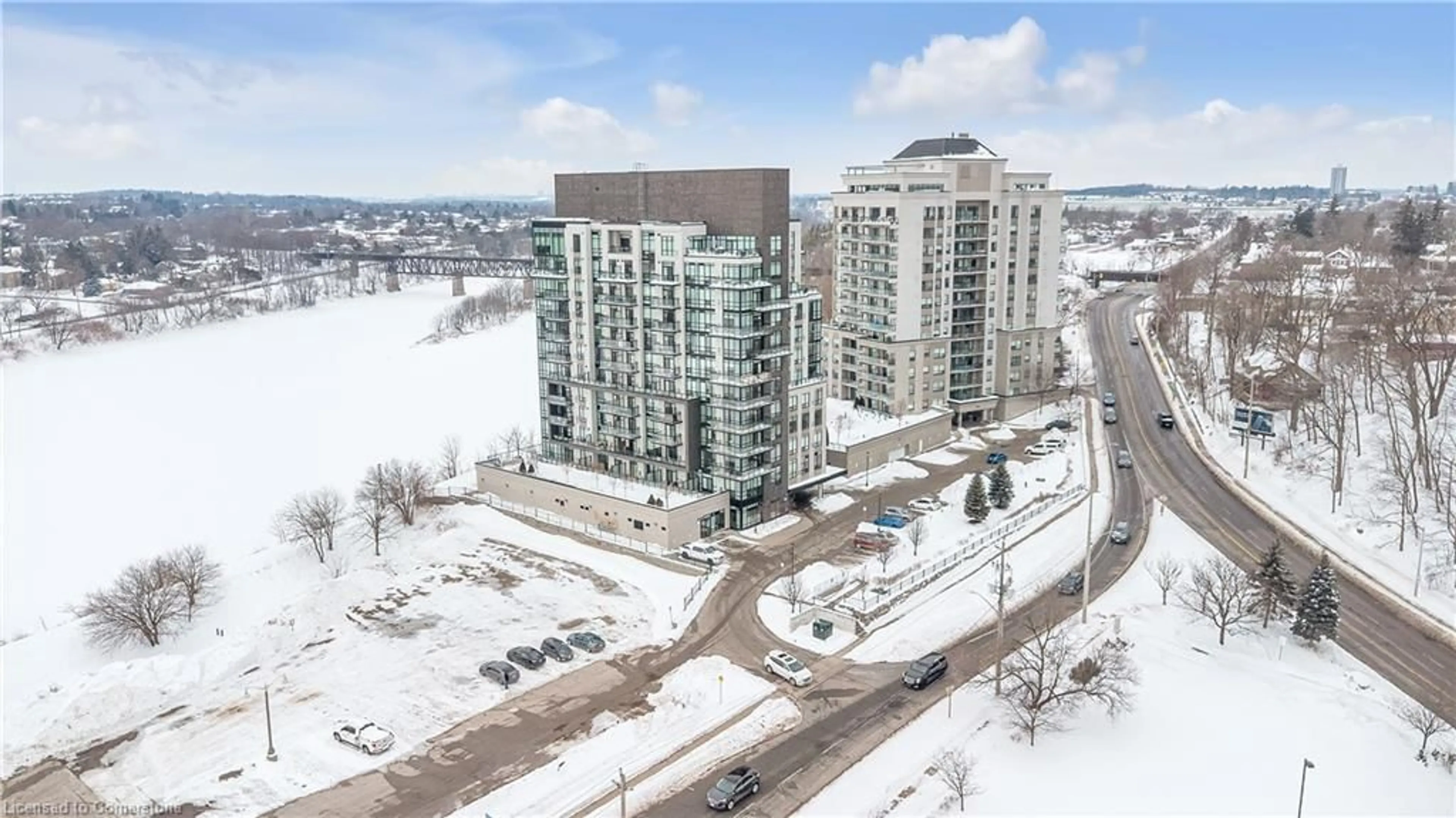 A pic from outside/outdoor area/front of a property/back of a property/a pic from drone, city buildings view from balcony for 150 Water St #201, Cambridge Ontario N1R 0B5