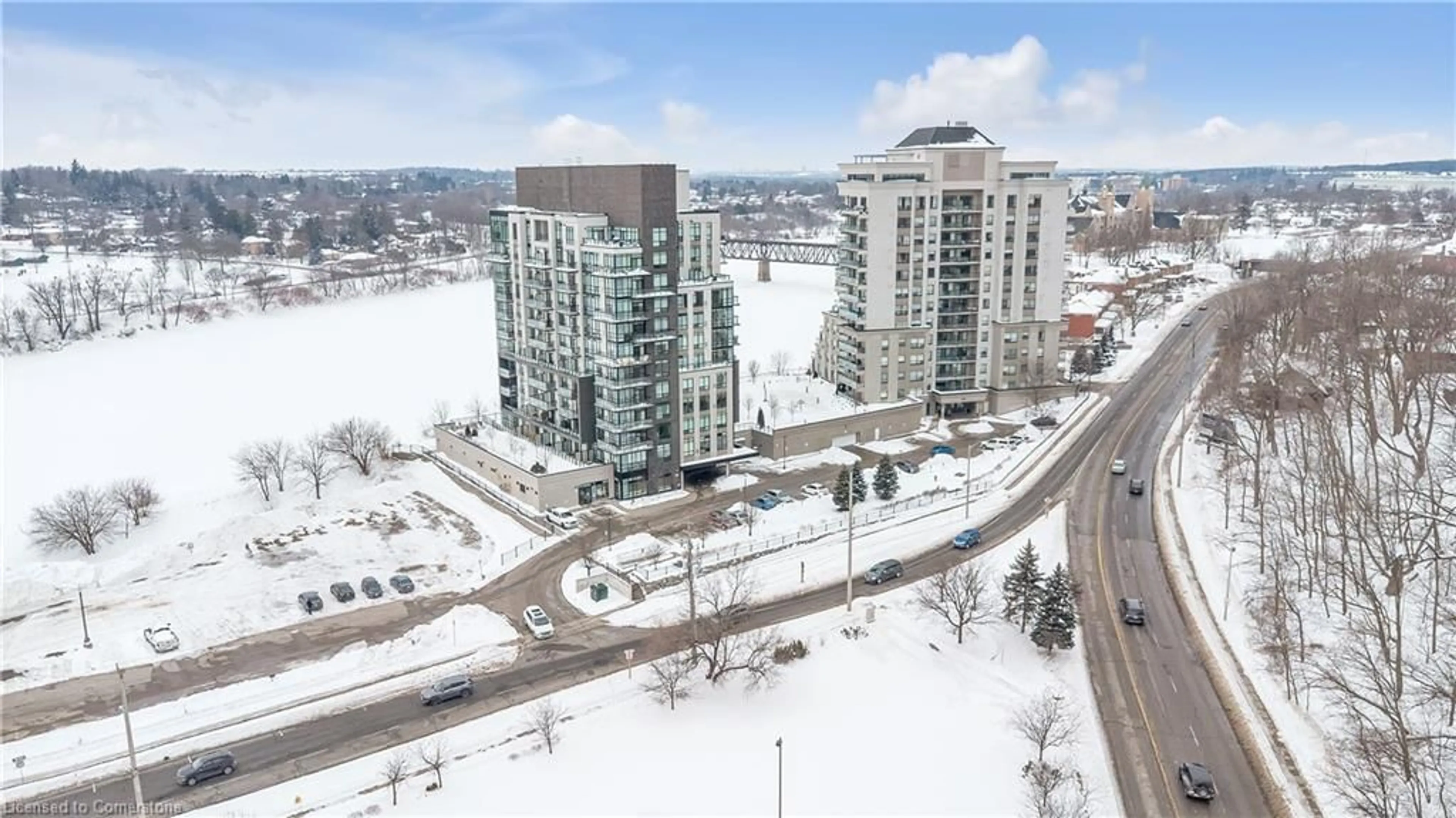 A pic from outside/outdoor area/front of a property/back of a property/a pic from drone, city buildings view from balcony for 150 Water St #201, Cambridge Ontario N1R 0B5