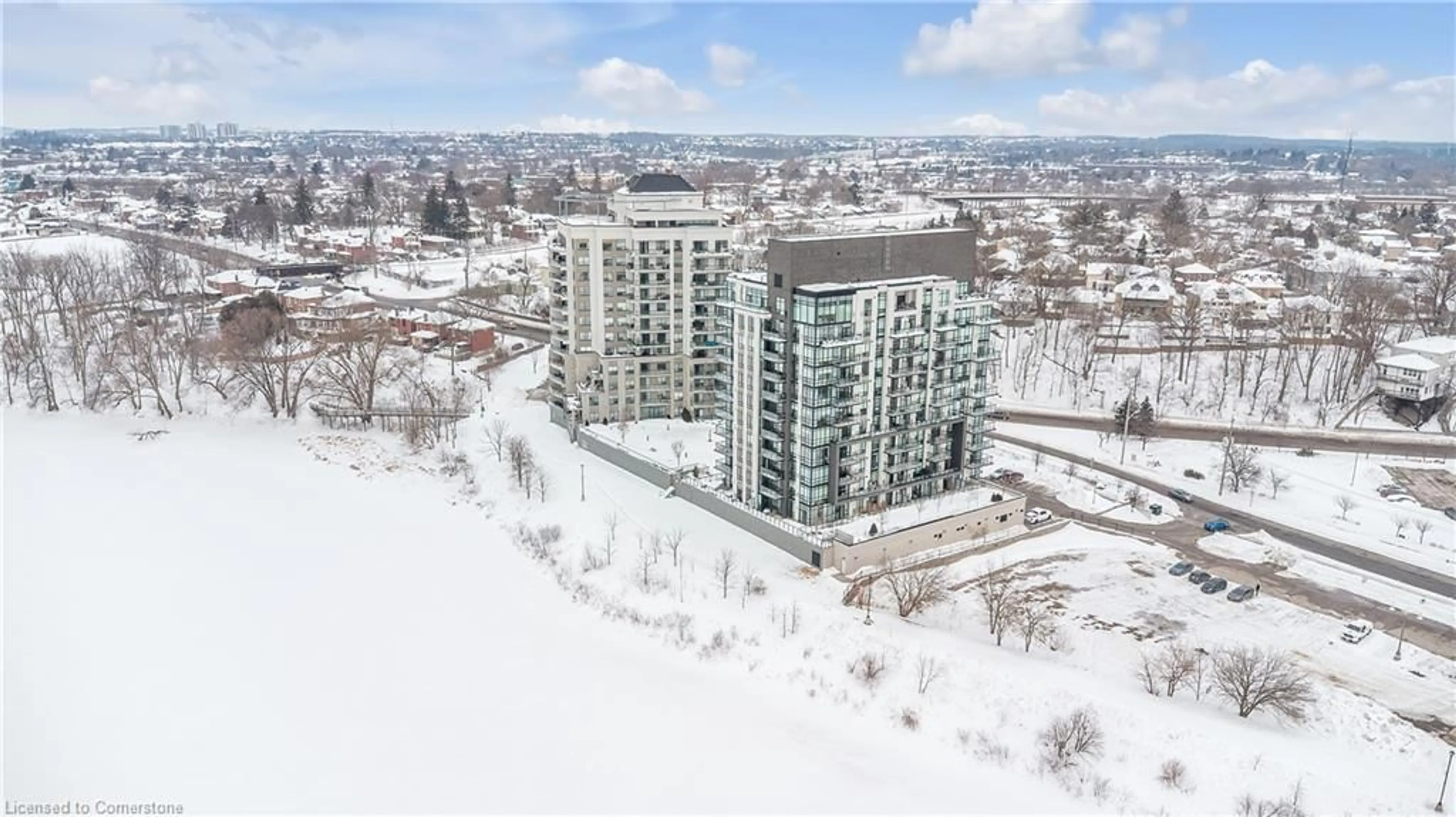 A pic from outside/outdoor area/front of a property/back of a property/a pic from drone, city buildings view from balcony for 150 Water St #201, Cambridge Ontario N1R 0B5