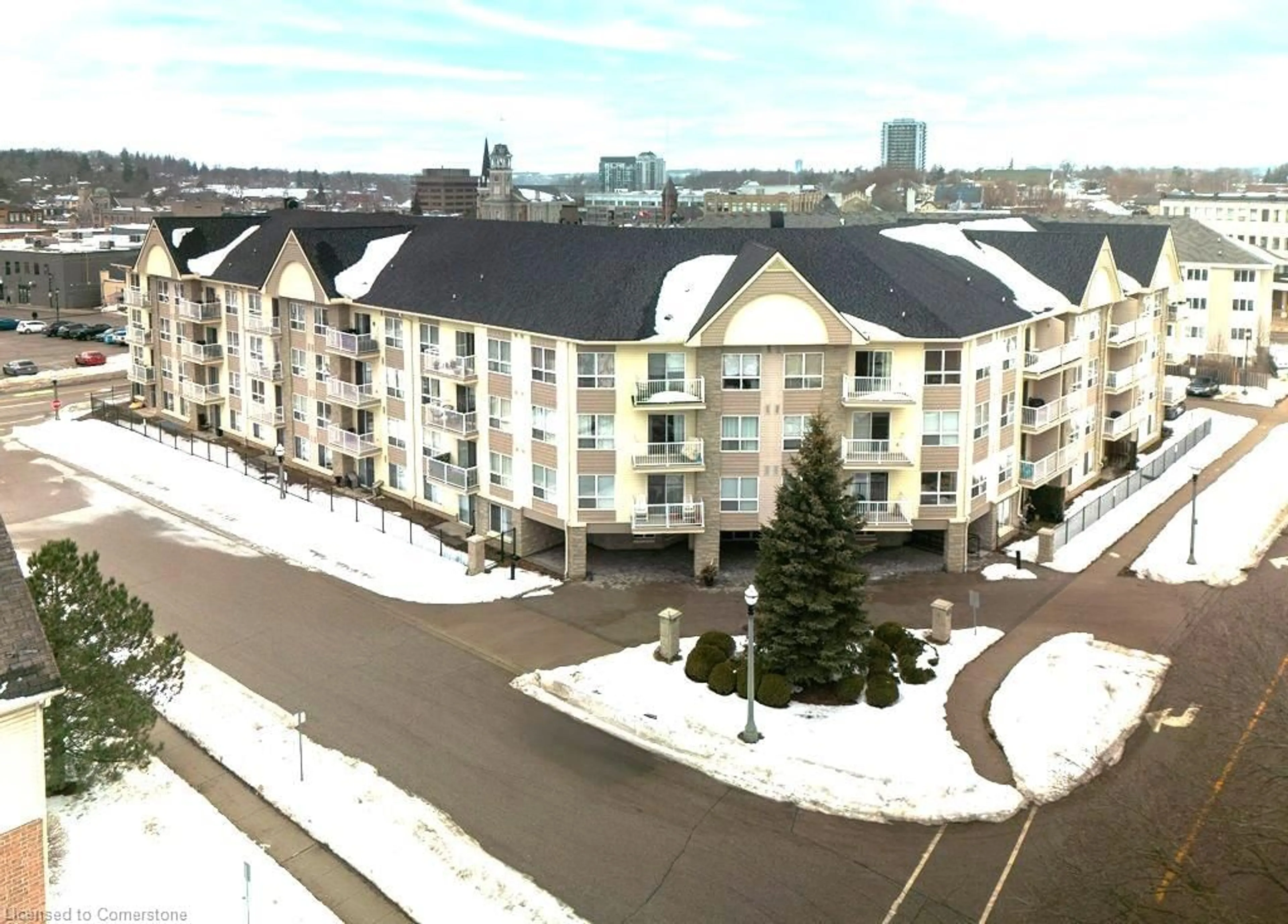 A pic from outside/outdoor area/front of a property/back of a property/a pic from drone, city buildings view from balcony for 8 Harris St #418, Cambridge Ontario N1R 8R1