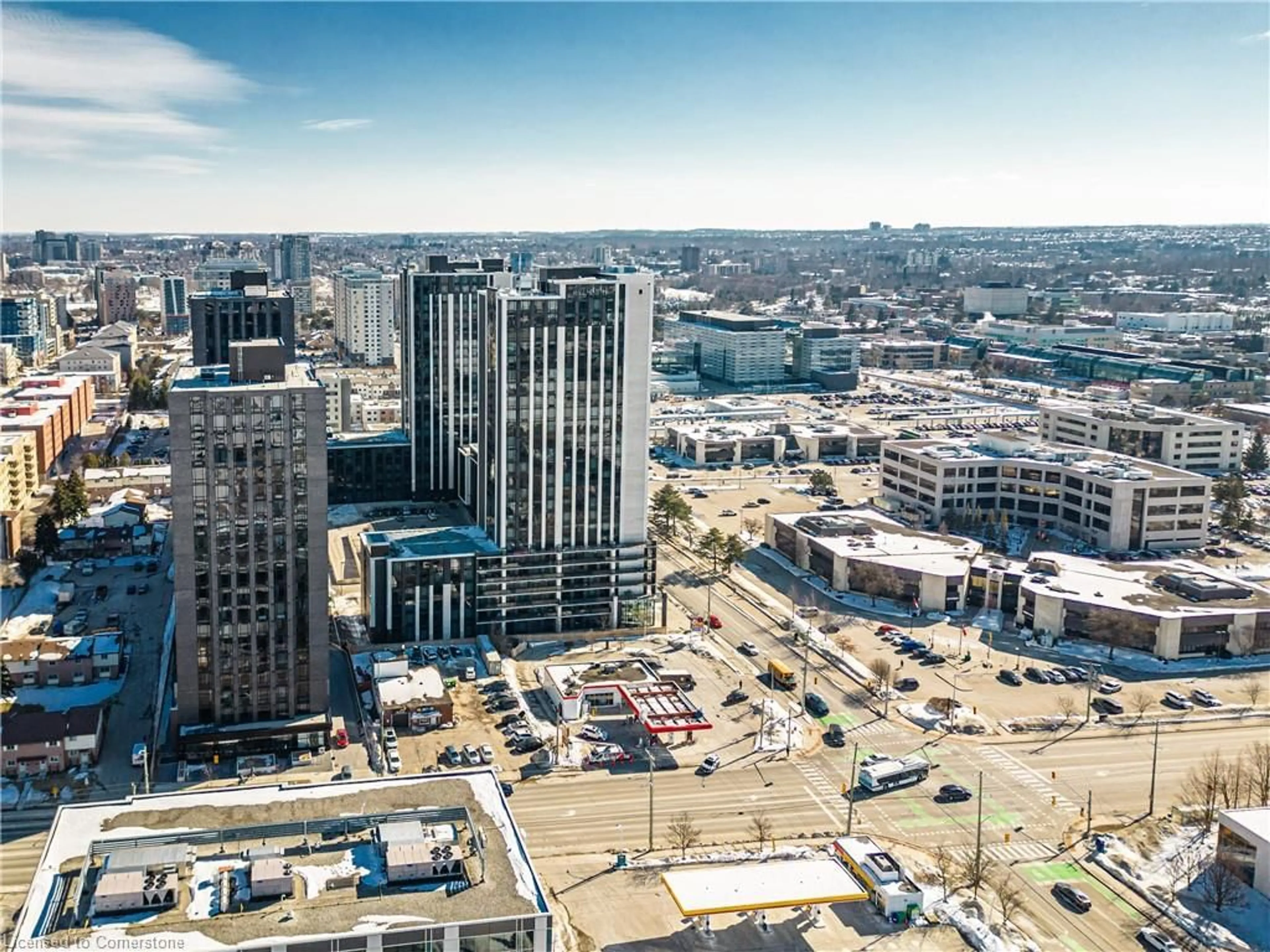 A pic from outside/outdoor area/front of a property/back of a property/a pic from drone, city buildings view from balcony for 145 Columbia St #836, Waterloo Ontario N2L 0K7