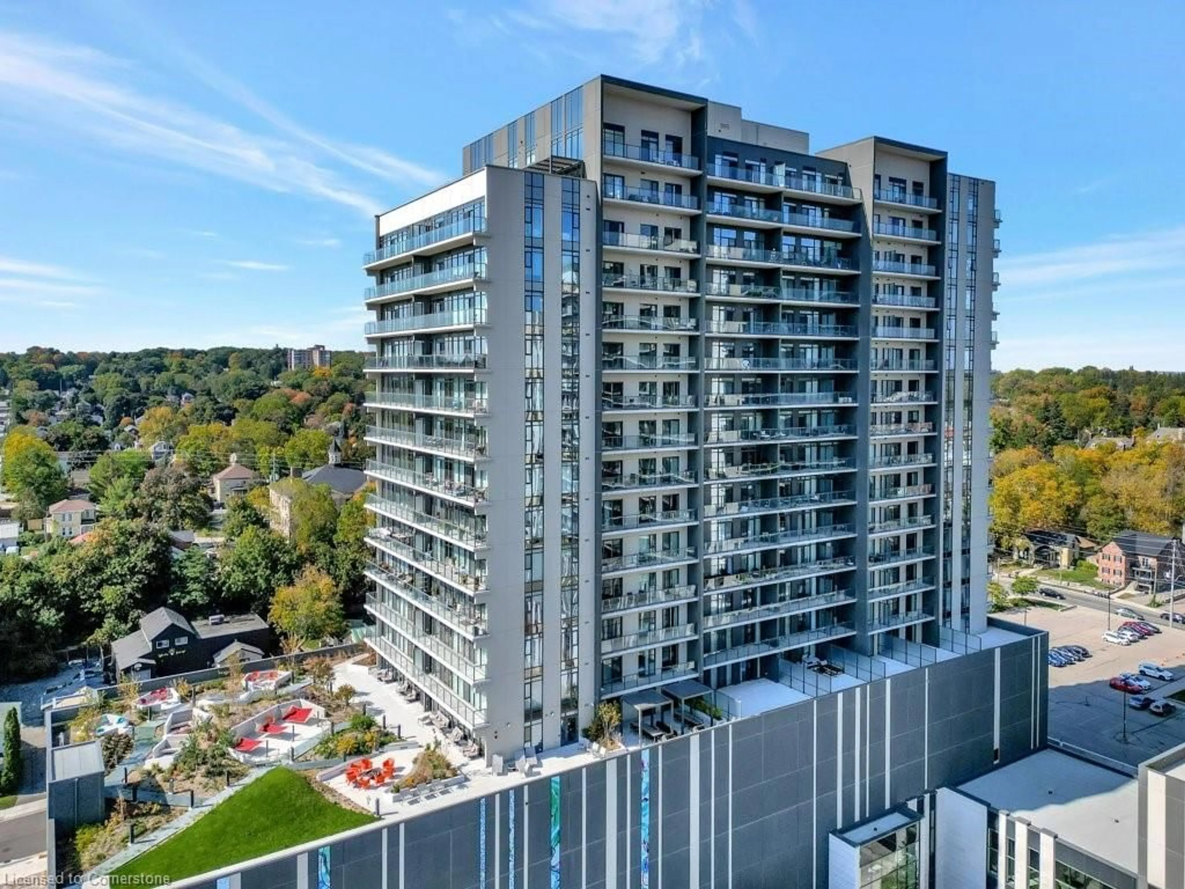 A pic from outside/outdoor area/front of a property/back of a property/a pic from drone, city buildings view from balcony for 50 Grand Ave #1501, Cambridge Ontario N1S 0C2