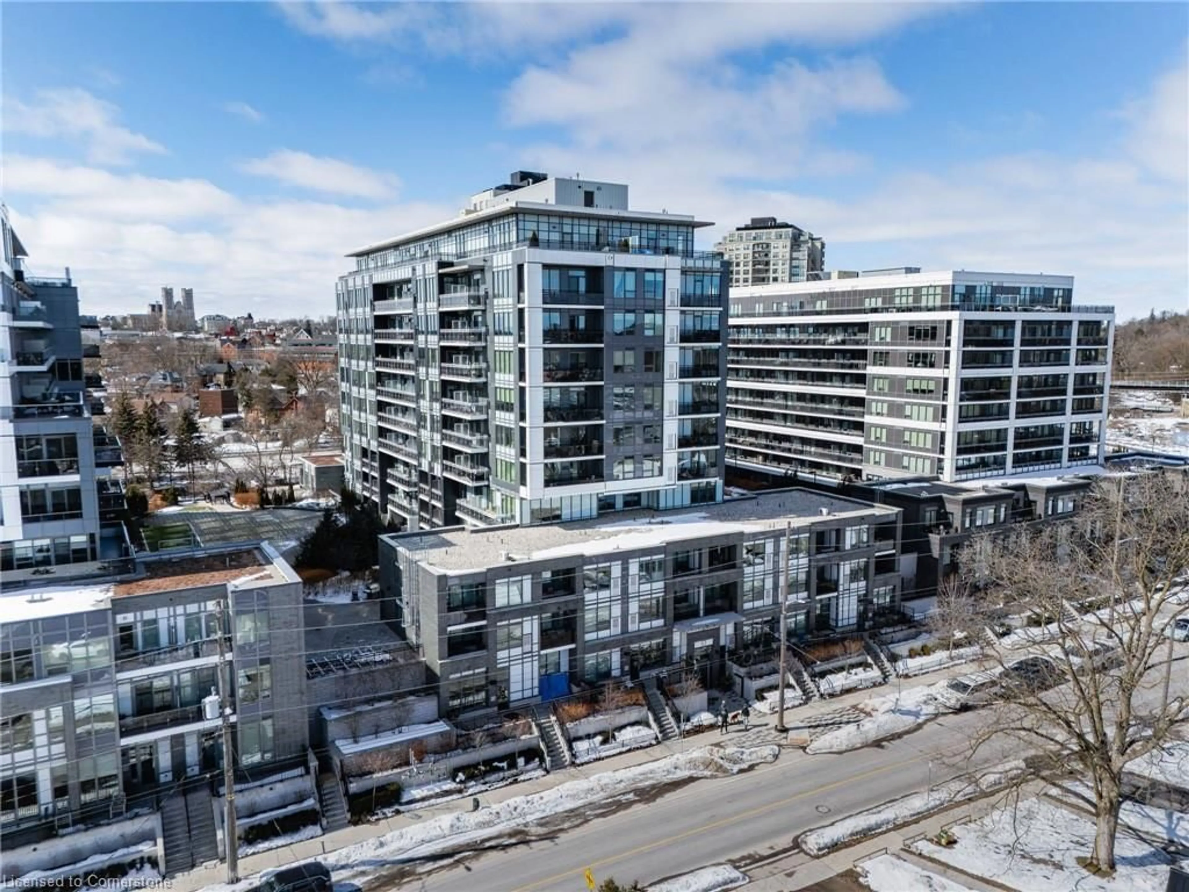 A pic from outside/outdoor area/front of a property/back of a property/a pic from drone, city buildings view from balcony for 63 Arthur St #612, Guelph Ontario N1E 0A8