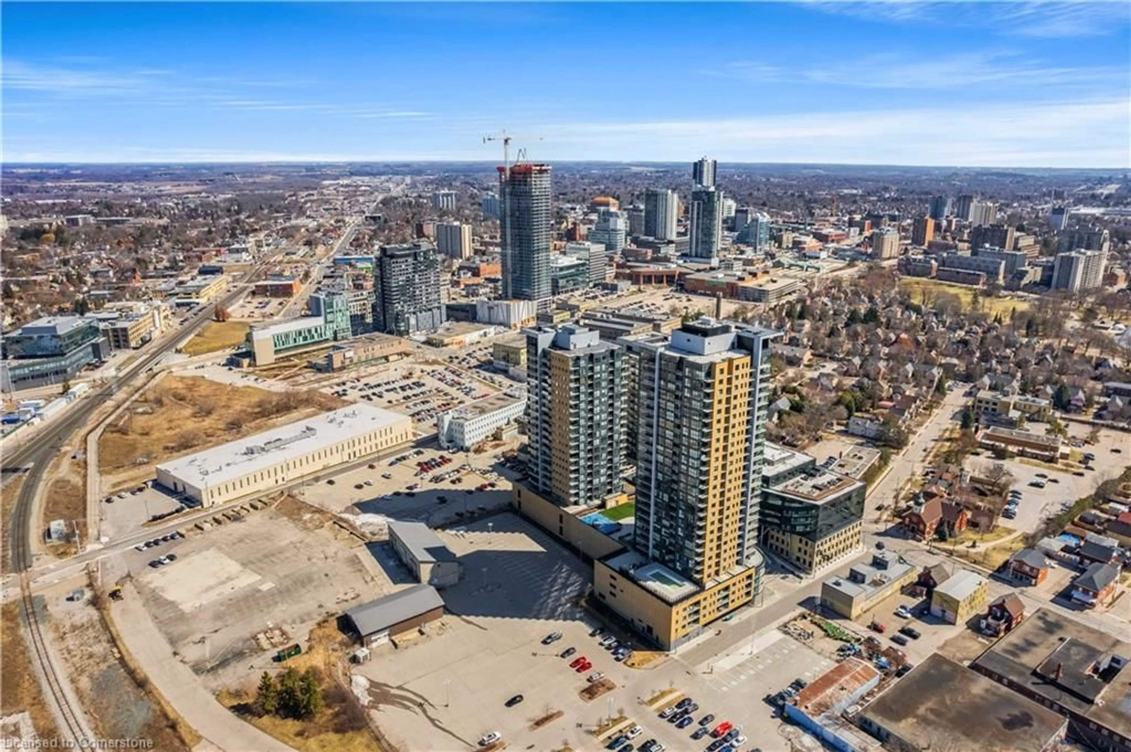 A pic from outside/outdoor area/front of a property/back of a property/a pic from drone, city buildings view from balcony for 104 Garment St #1006, Kitchener Ontario N2G 0C8