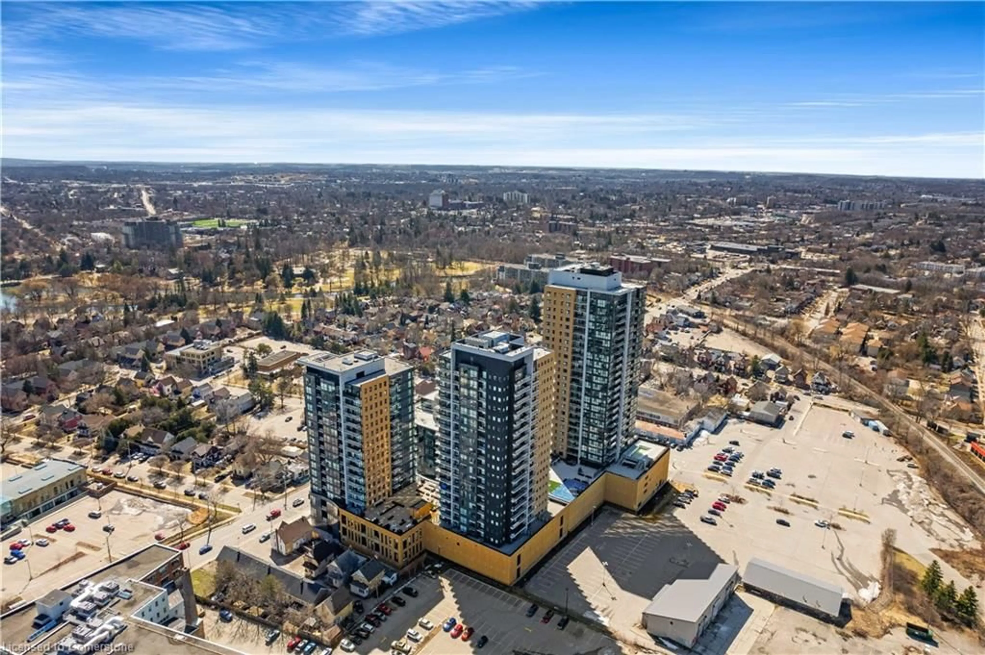 A pic from outside/outdoor area/front of a property/back of a property/a pic from drone, city buildings view from balcony for 104 Garment St #1006, Kitchener Ontario N2G 0C8