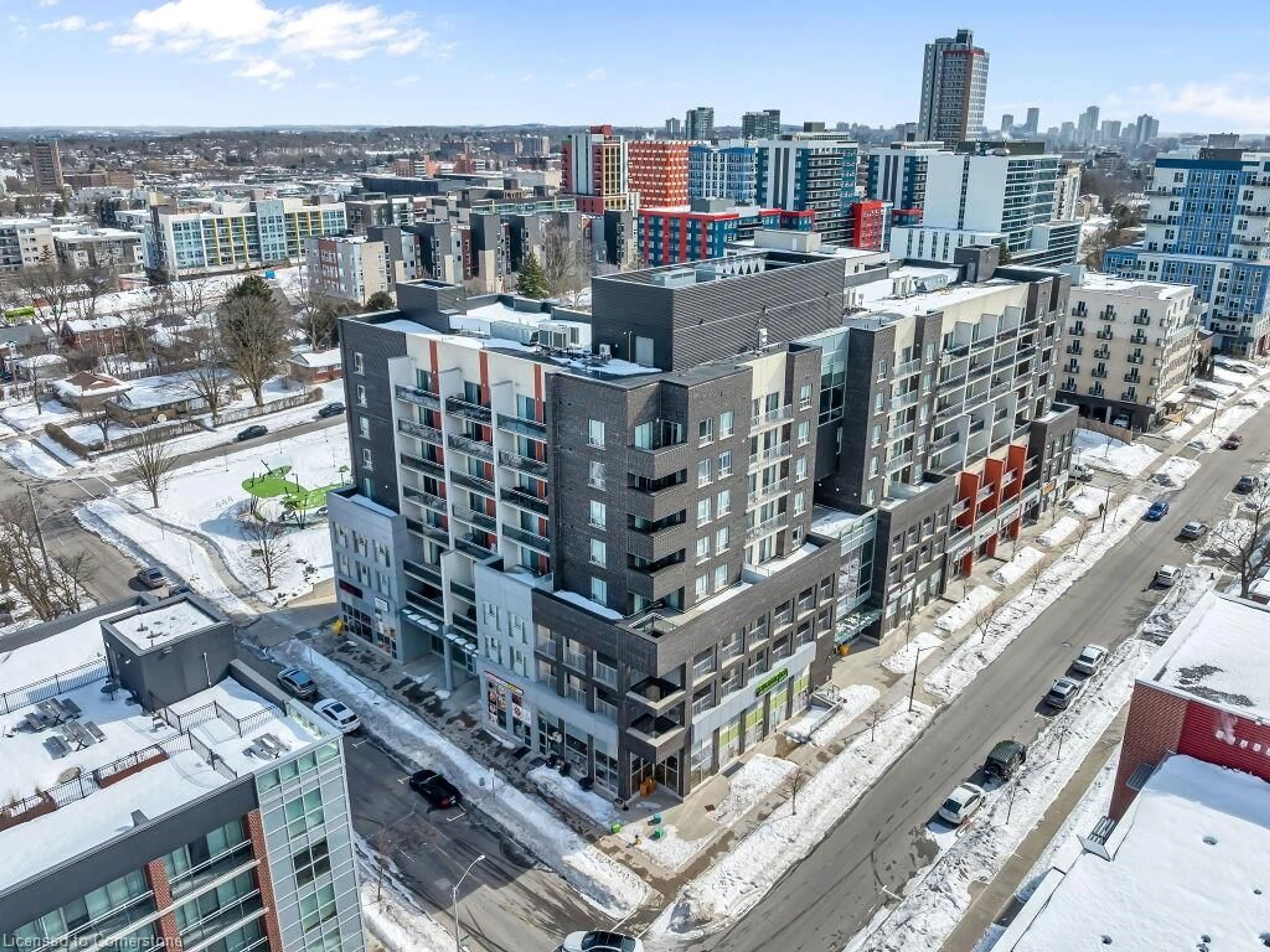 A pic from outside/outdoor area/front of a property/back of a property/a pic from drone, city buildings view from balcony for 280 Lester St #302, Waterloo Ontario N2L 3W5