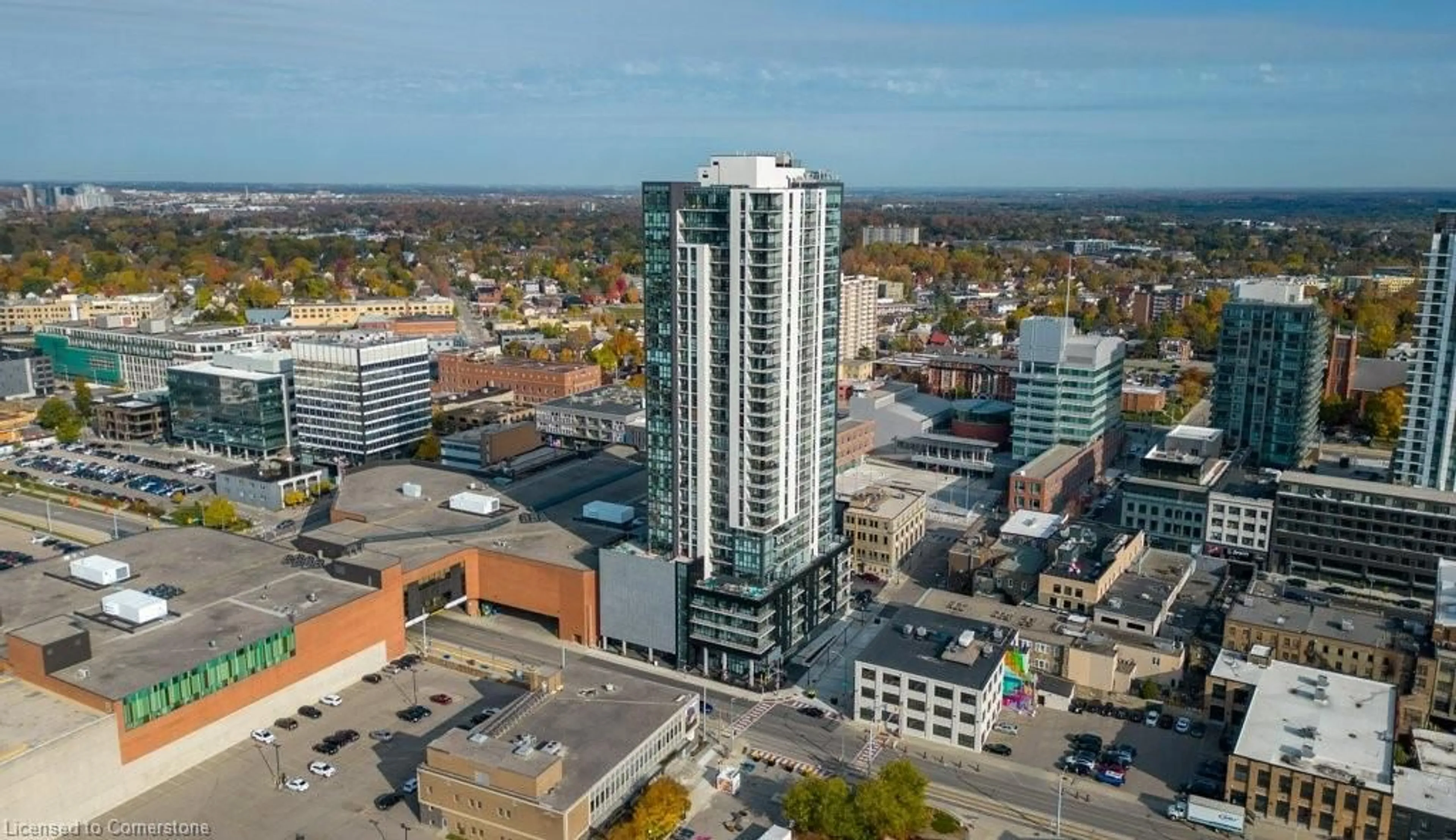A pic from outside/outdoor area/front of a property/back of a property/a pic from drone, city buildings view from balcony for 60 Frederick St #3005, Kitchener Ontario N2H 0C7