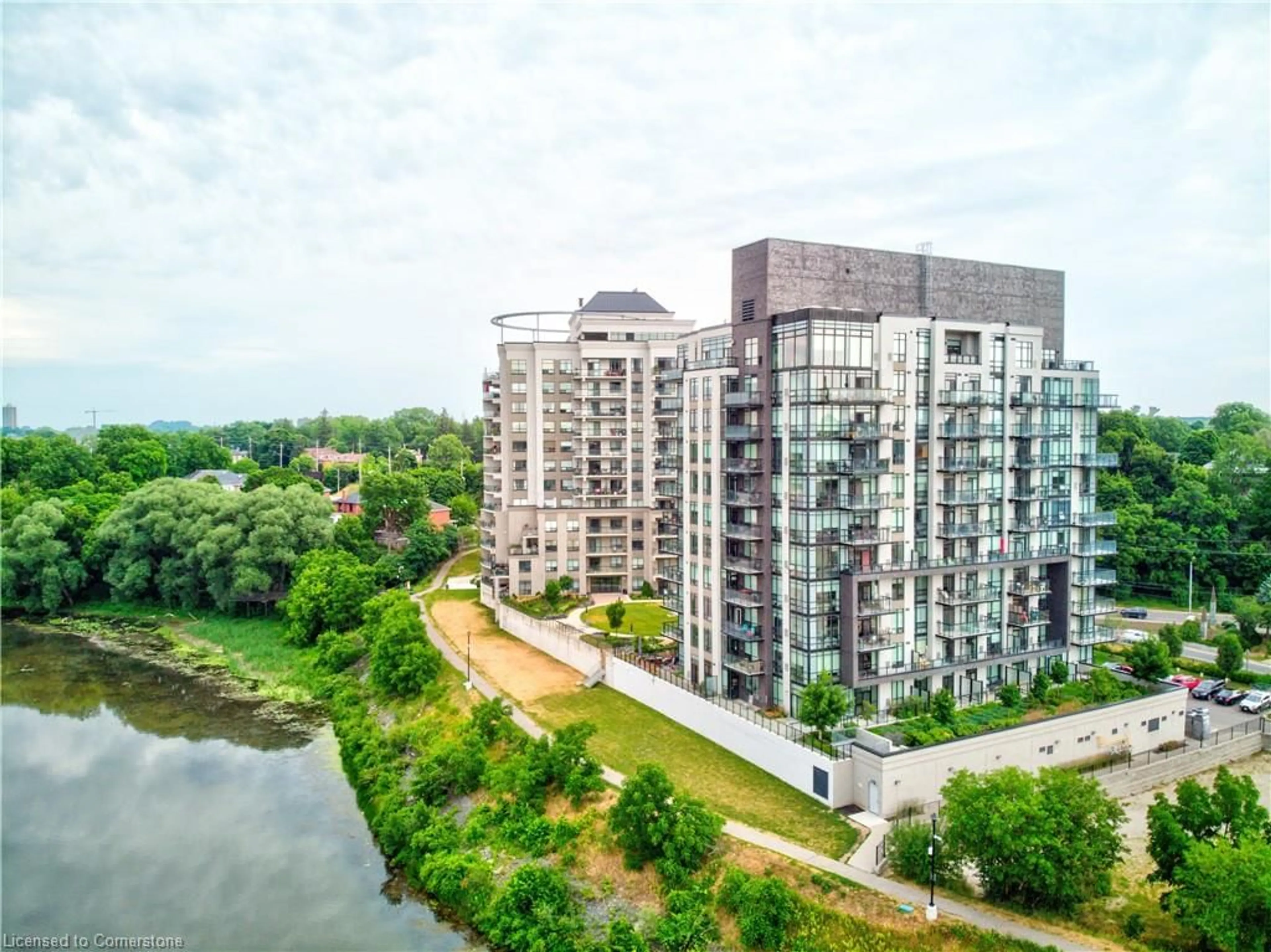 A pic from outside/outdoor area/front of a property/back of a property/a pic from drone, city buildings view from balcony for 150 Water St #503, Cambridge Ontario N1R 0B5