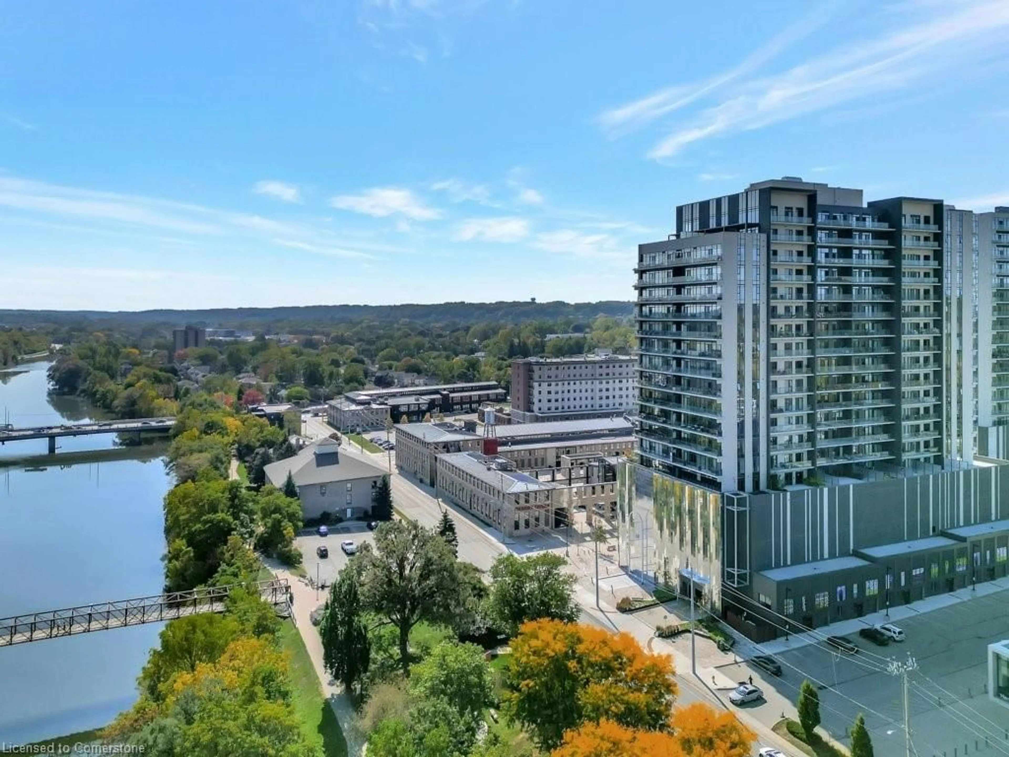 A pic from outside/outdoor area/front of a property/back of a property/a pic from drone, city buildings view from balcony for 50 Grand Ave #1501, Cambridge Ontario N1S 0C2
