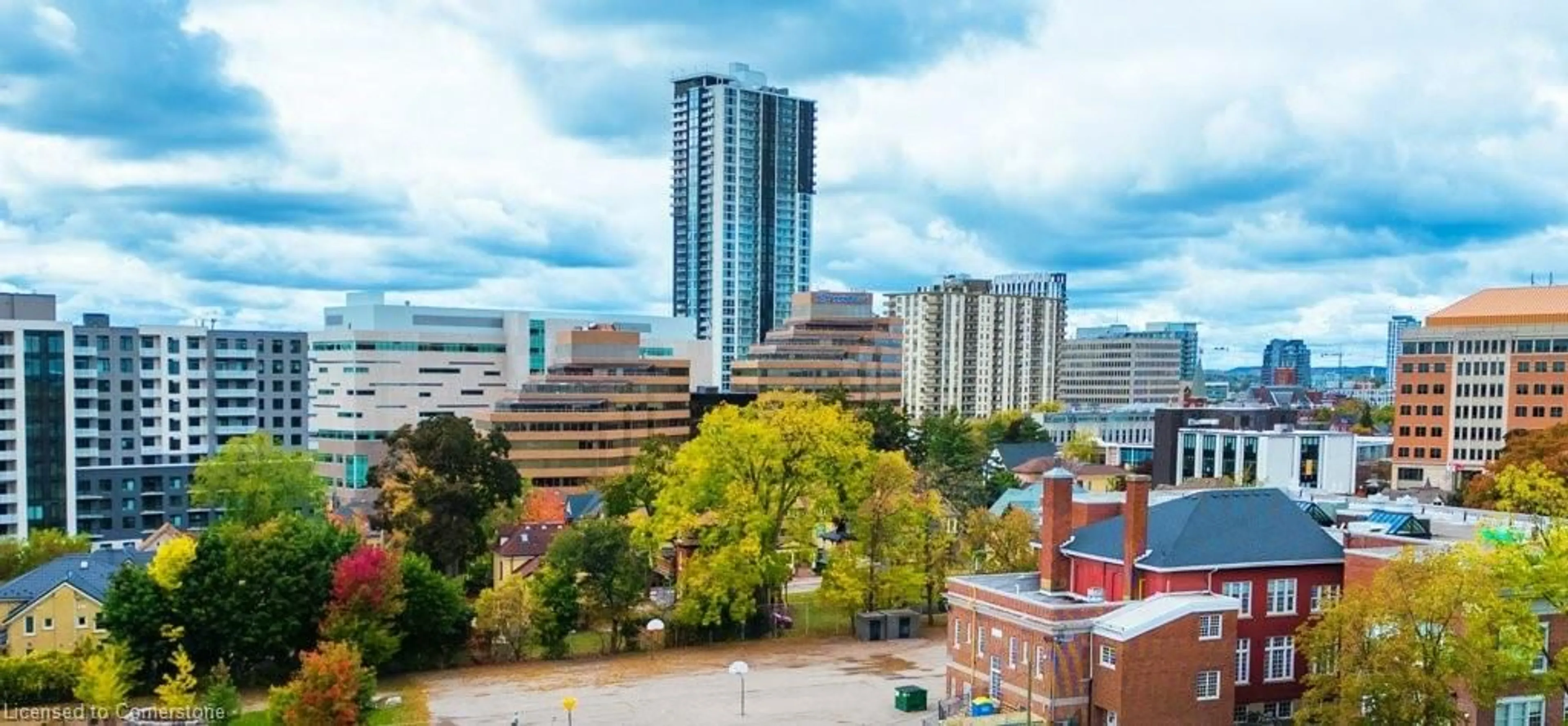 A pic from outside/outdoor area/front of a property/back of a property/a pic from drone, city buildings view from balcony for 60 Frederick St #1805, Kitchener Ontario N2H 0C7