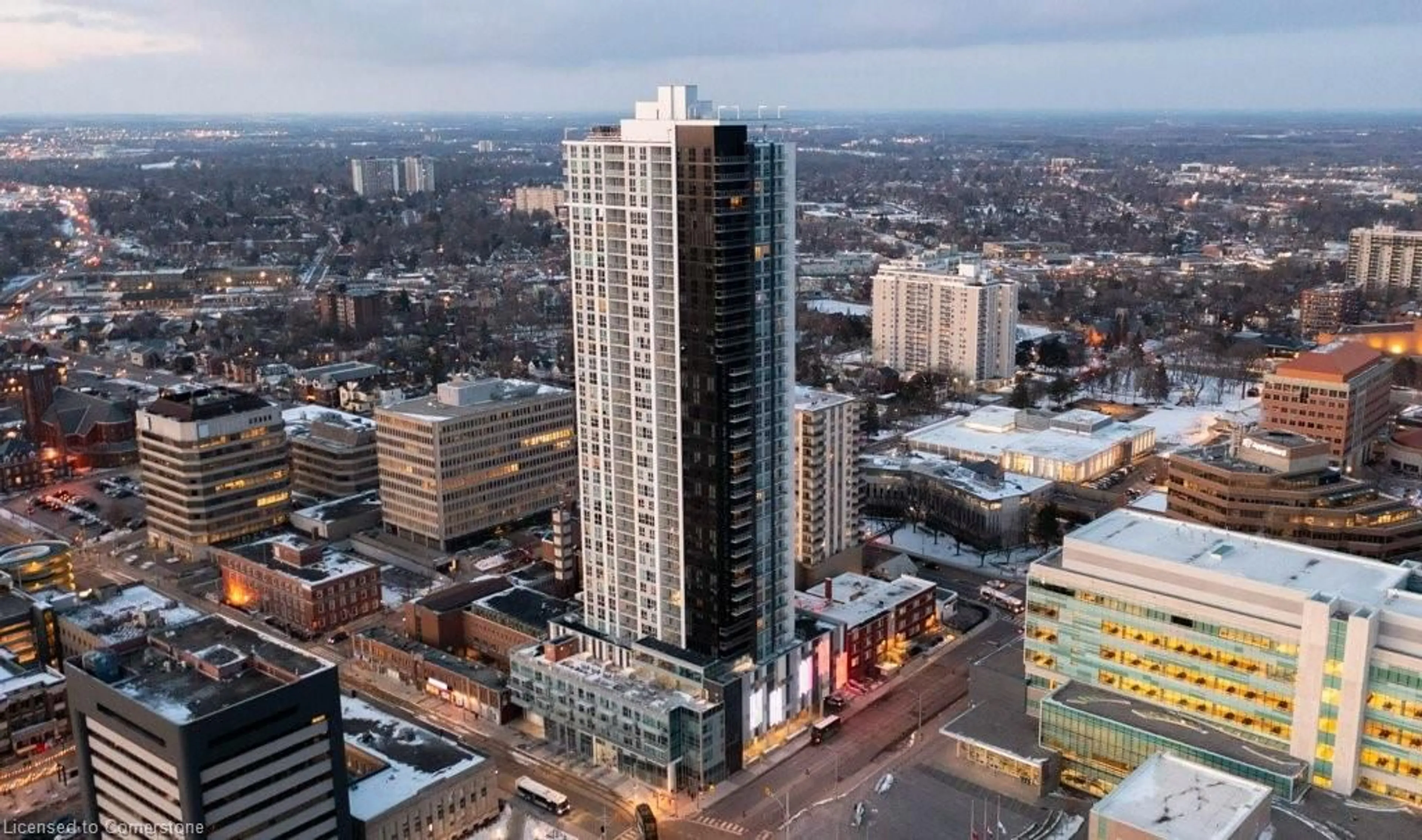 A pic from outside/outdoor area/front of a property/back of a property/a pic from drone, city buildings view from balcony for 60 Frederick St #1805, Kitchener Ontario N2H 0C7