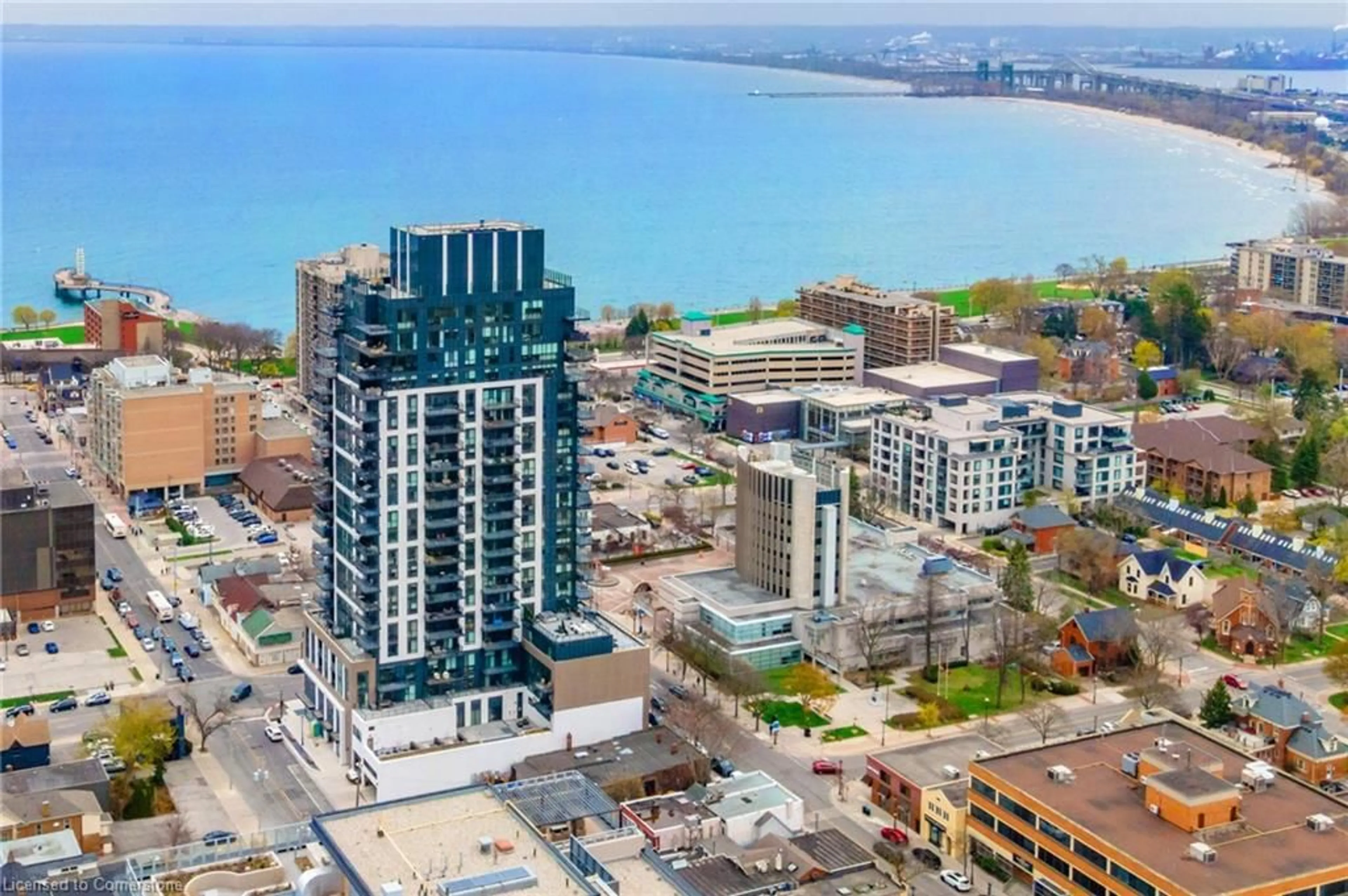 A pic from outside/outdoor area/front of a property/back of a property/a pic from drone, city buildings view from balcony for 2007 James St #1504, Burlington Ontario L7R 0G7