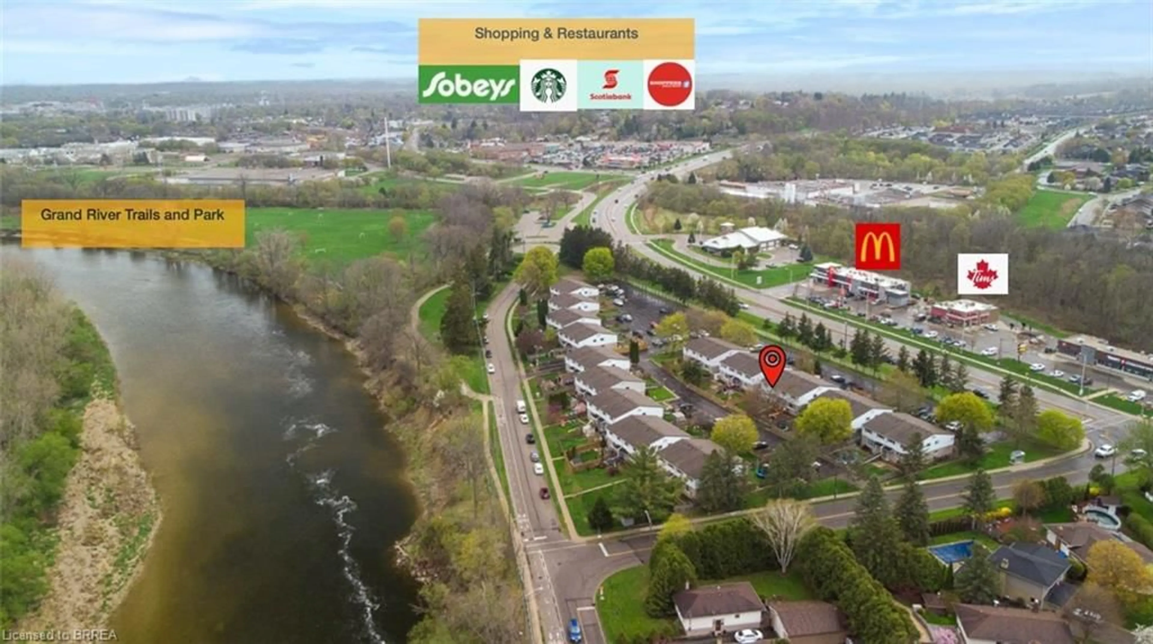 A pic from outside/outdoor area/front of a property/back of a property/a pic from drone, water/lake/river/ocean view for 16 Oakhill Dr #A, Brantford Ontario N3T 1R1