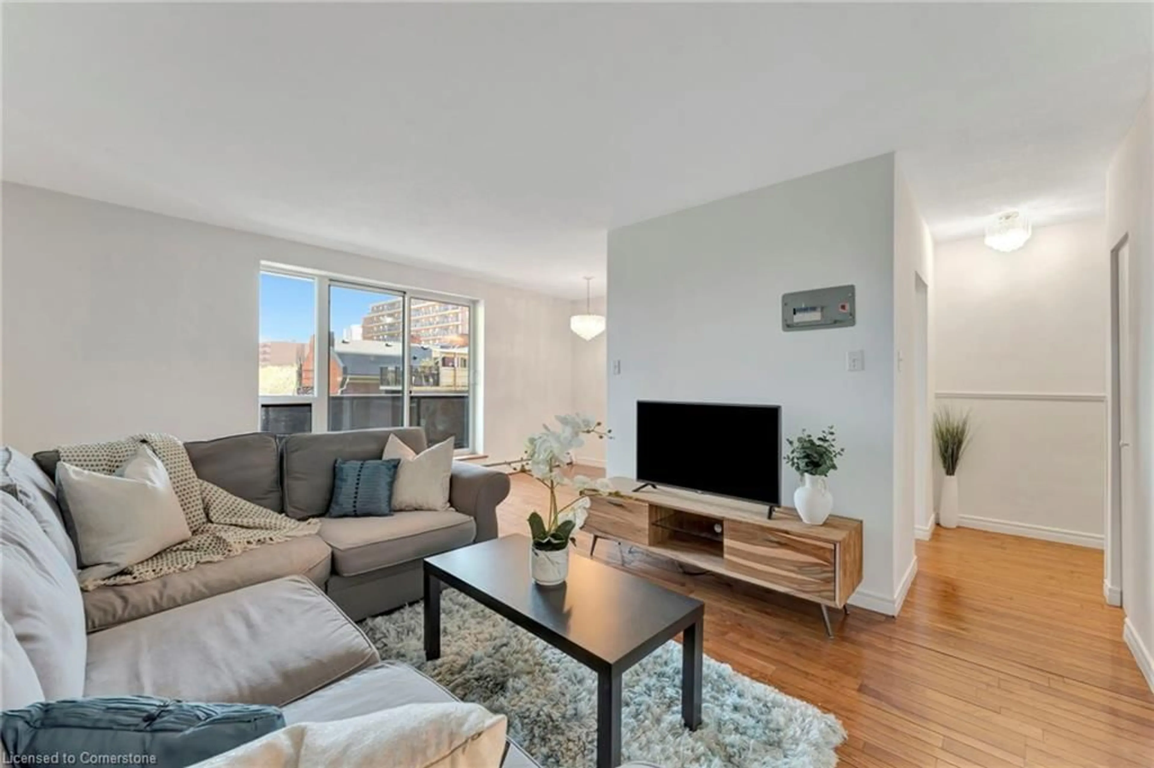 Living room with furniture, wood/laminate floor for 81 Charlton Ave #201, Hamilton Ontario L8N 1Y7