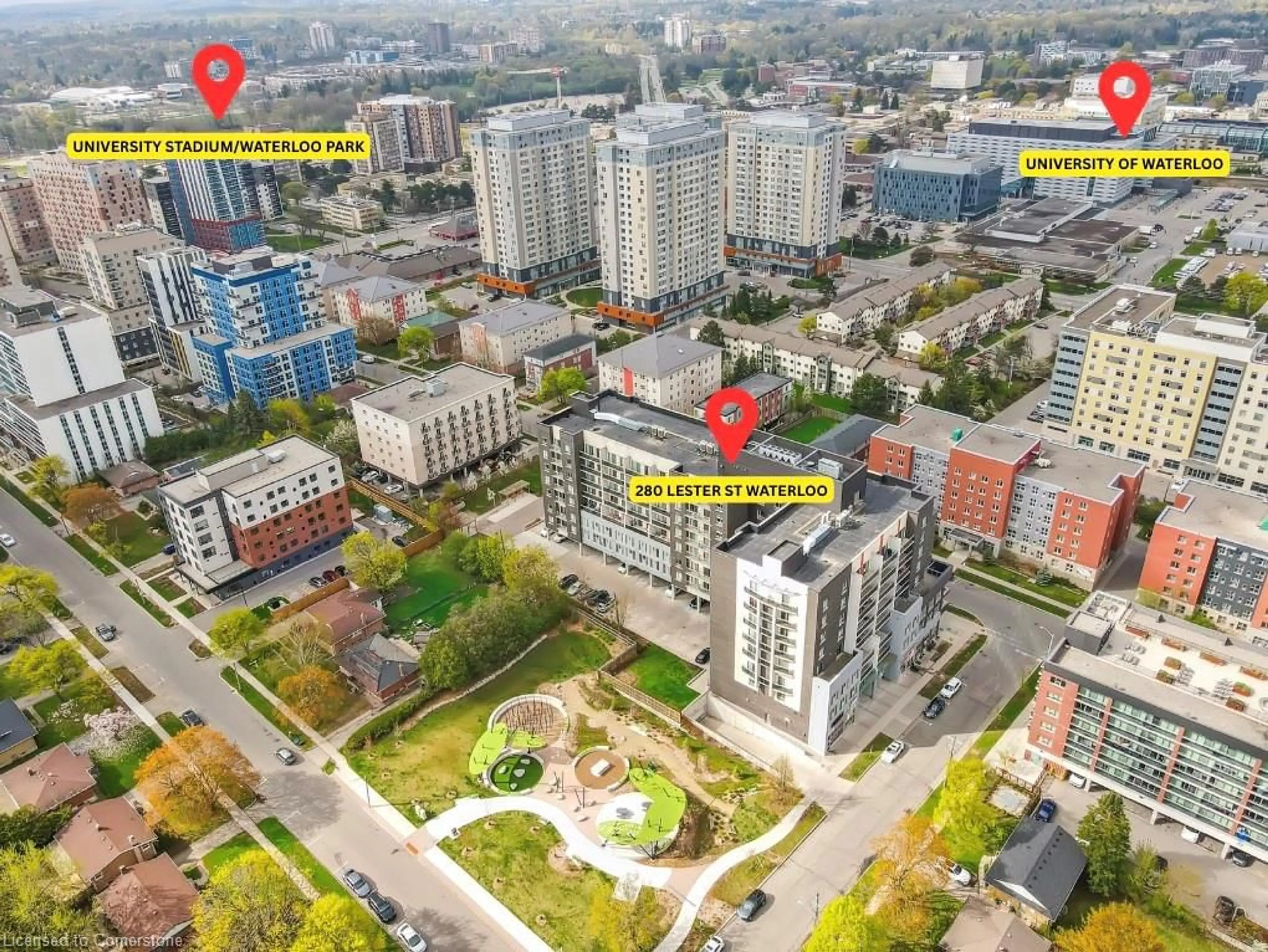 A pic from outside/outdoor area/front of a property/back of a property/a pic from drone, city buildings view from balcony for 280 Lester St #203, Waterloo Ontario N2L 0G2