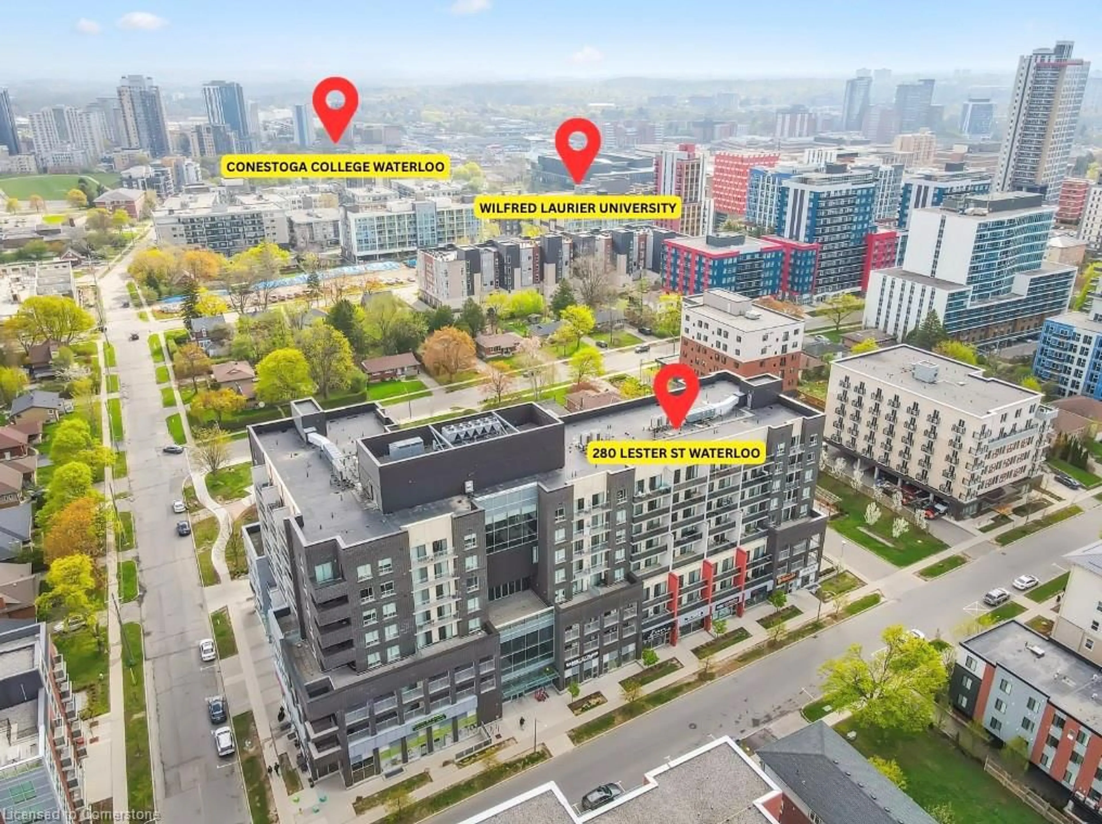A pic from outside/outdoor area/front of a property/back of a property/a pic from drone, city buildings view from balcony for 280 Lester St #203, Waterloo Ontario N2L 0G2
