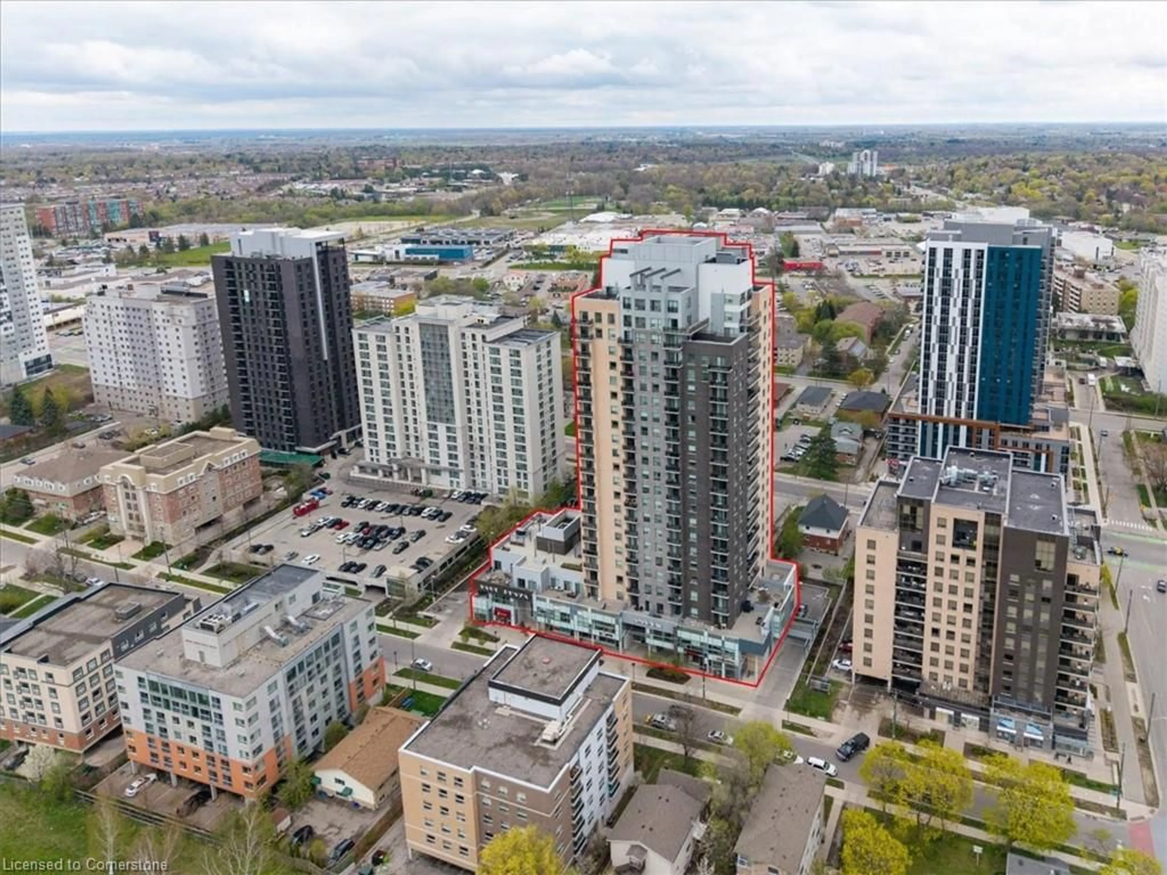 A pic from outside/outdoor area/front of a property/back of a property/a pic from drone, city buildings view from balcony for 318 Spruce St #805, Waterloo Ontario N2L 3M7